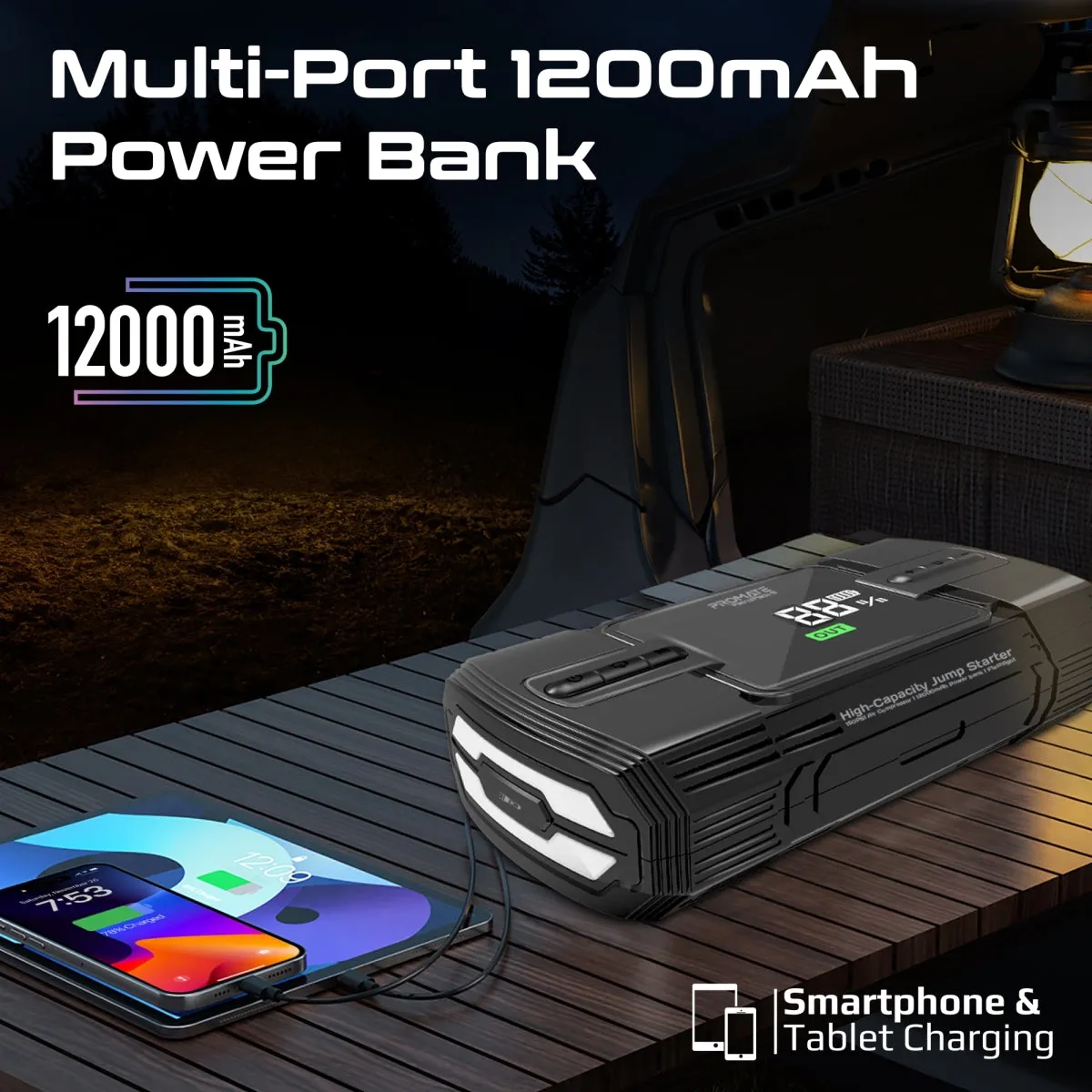 1200A/12V High-Capacity Jump Starter 150PSI Air Compressor with 12000mAh Power bank & Flashlight
