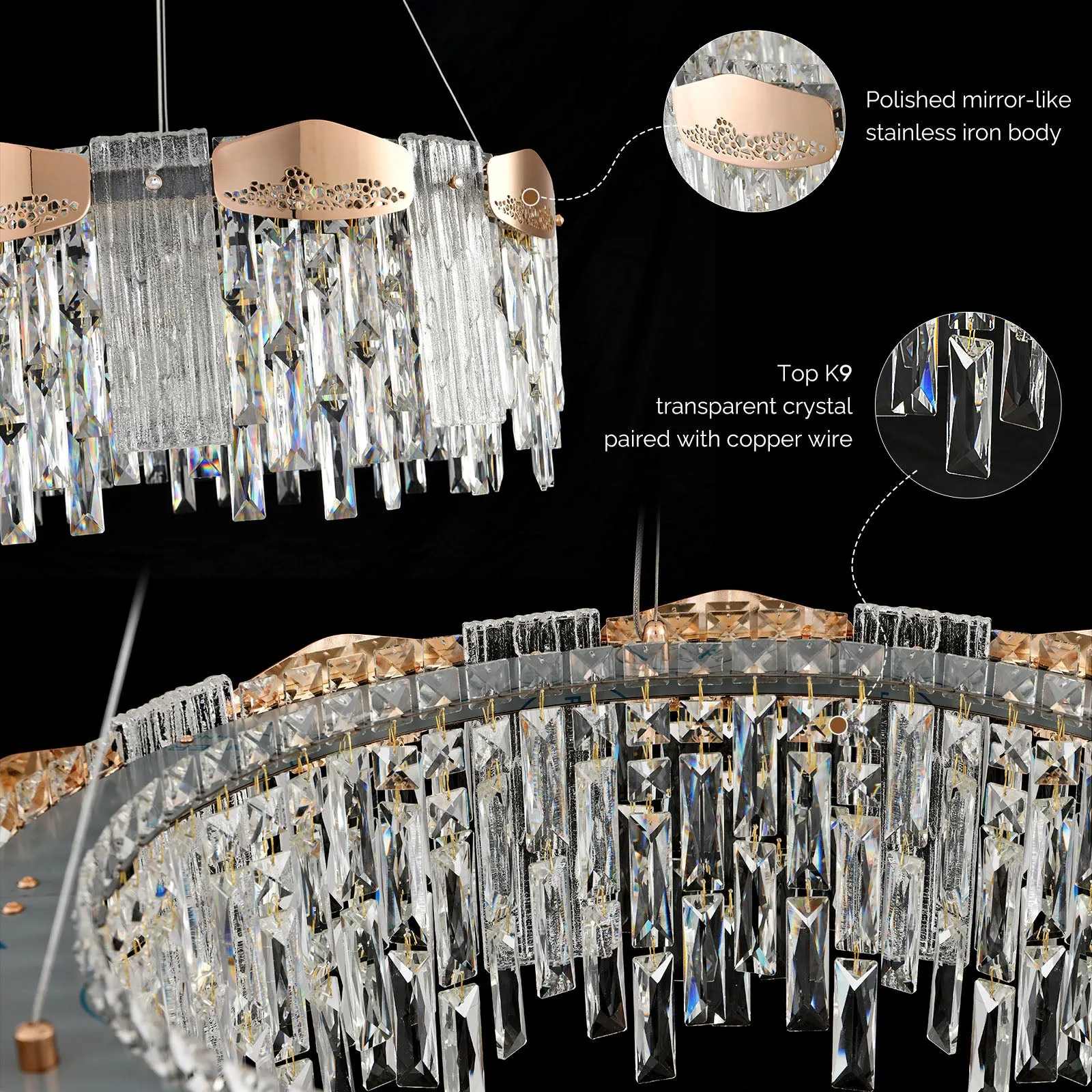 23.2" Orison Gold Round Raindrop Chandelier Lighting, Luxury Adjustable Hanging Pendant Light Fixture for Living Dining Room