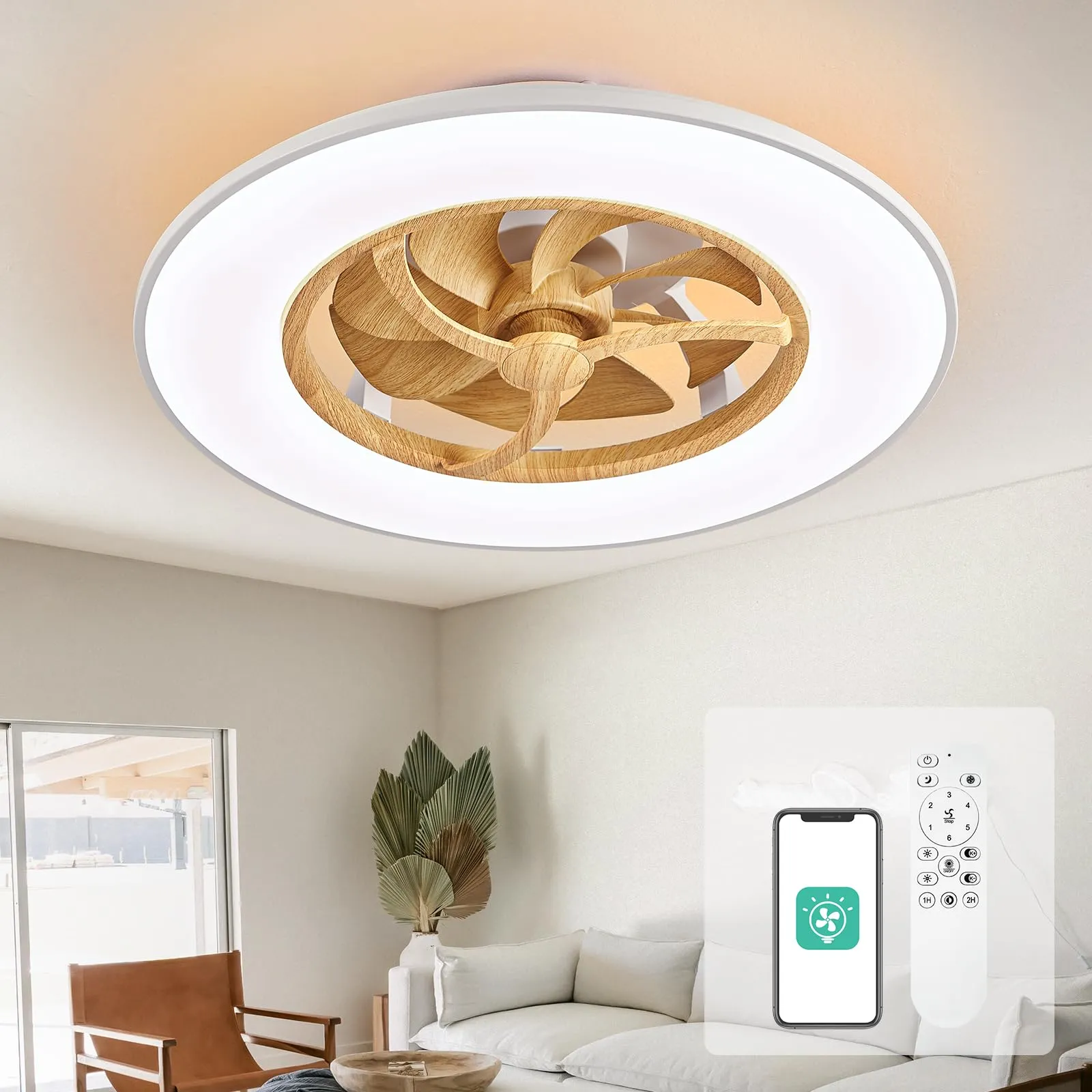23" Orison Bladeless Ceiling Fan with Light, Timing with Remote Control-Wood