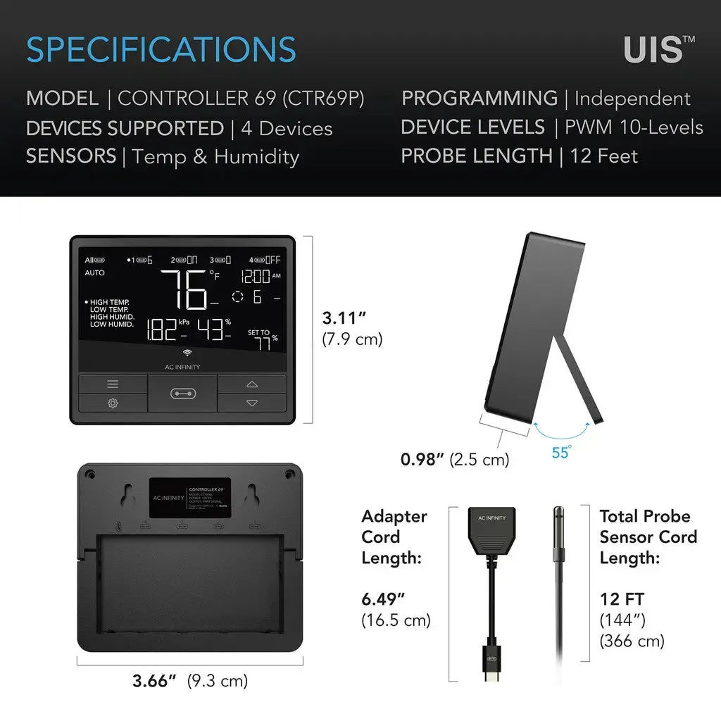 AC Infinity CONTROLLER 69 PRO WIFI Four Device Temp/Humidity/Cycle   Data App