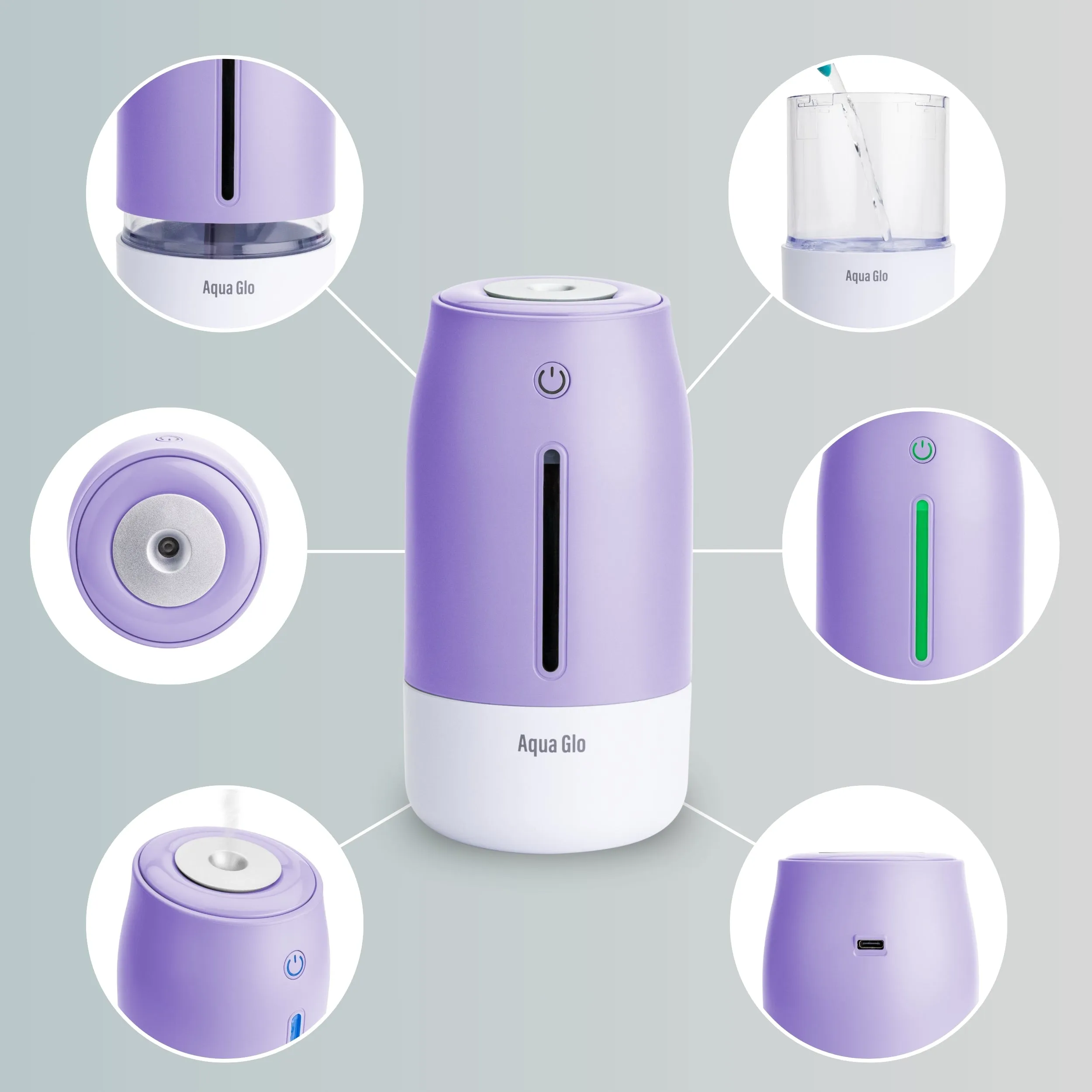 Airvana Aqua Glo Personal, Portable Humidifiers for Bedroom – Ultrasonic Cool Mist Humidifier with Built In Rechargeable Battery. Air Humidifier for Baby, Plants, Home, Office, Travel.