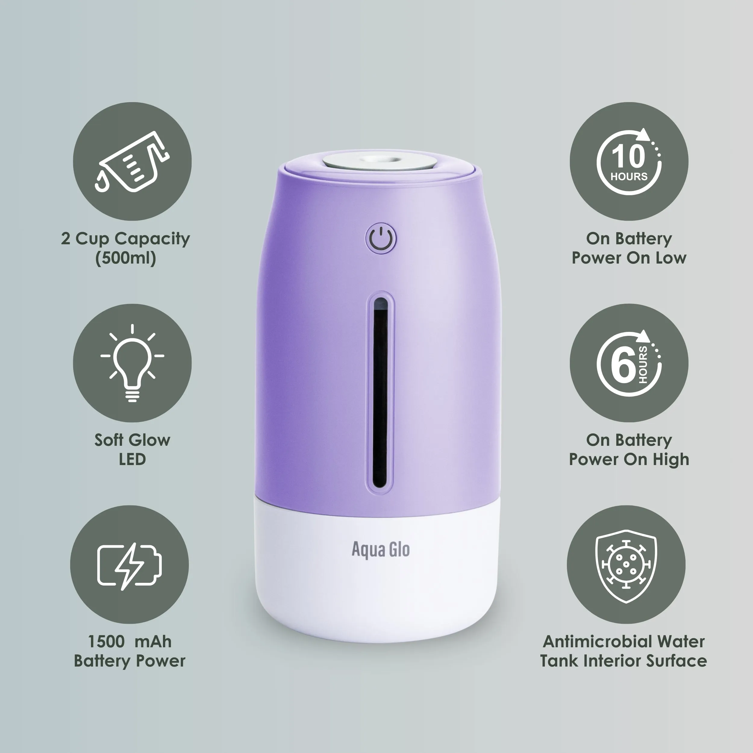 Airvana Aqua Glo Personal, Portable Humidifiers for Bedroom – Ultrasonic Cool Mist Humidifier with Built In Rechargeable Battery. Air Humidifier for Baby, Plants, Home, Office, Travel.
