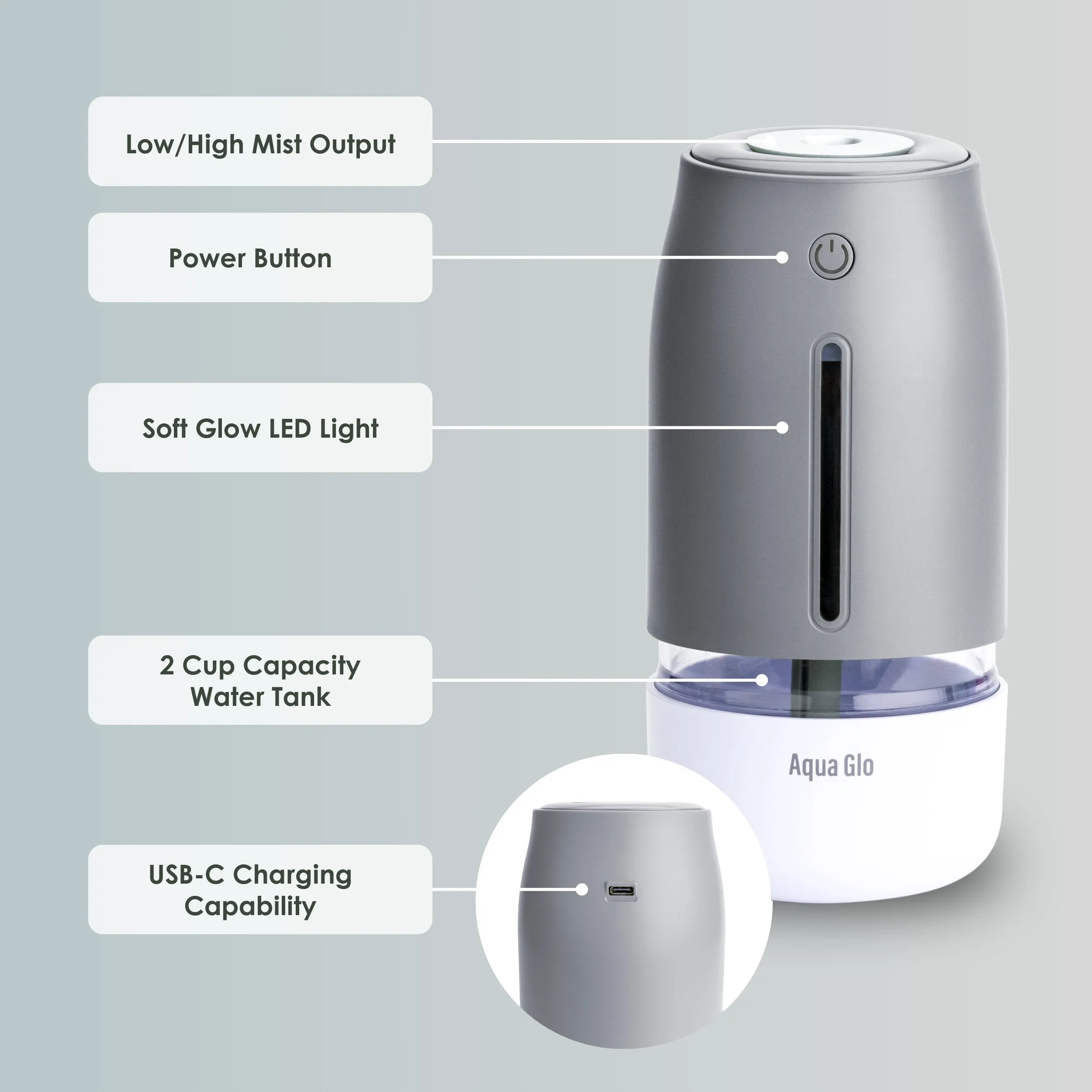 Airvana Aqua Glo Personal, Portable Humidifiers for Bedroom – Ultrasonic Cool Mist Humidifier with Built In Rechargeable Battery. Air Humidifier for Baby, Plants, Home, Office, Travel.