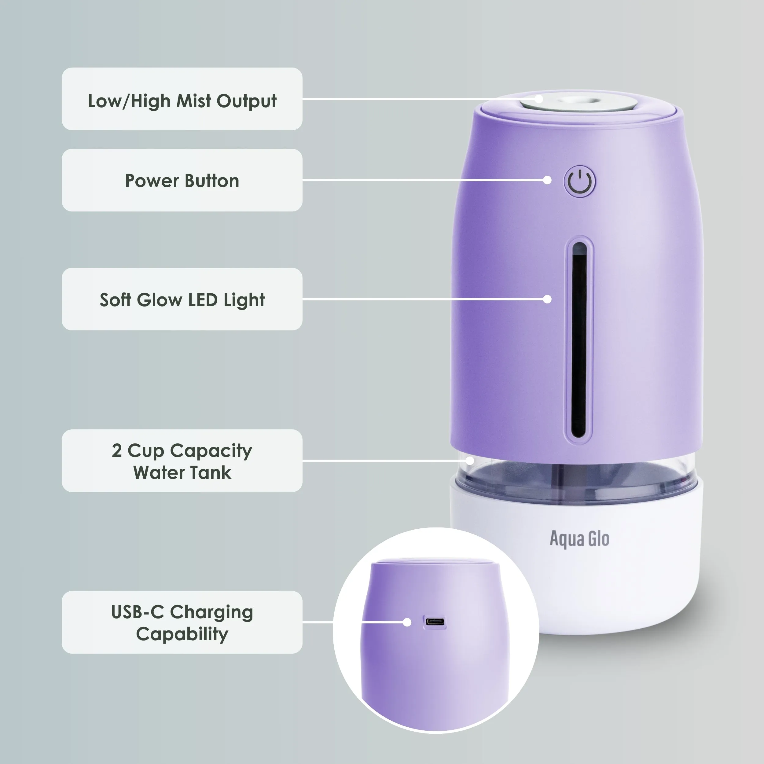 Airvana Aqua Glo Personal, Portable Humidifiers for Bedroom – Ultrasonic Cool Mist Humidifier with Built In Rechargeable Battery. Air Humidifier for Baby, Plants, Home, Office, Travel.