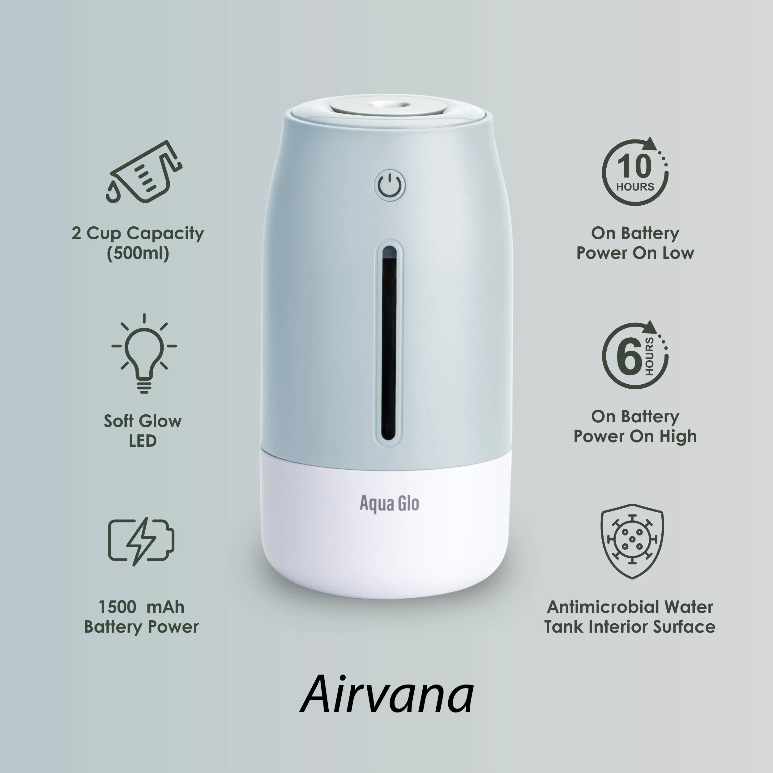 Airvana Aqua Glo Personal, Portable Humidifiers for Bedroom – Ultrasonic Cool Mist Humidifier with Built In Rechargeable Battery. Air Humidifier for Baby, Plants, Home, Office, Travel.