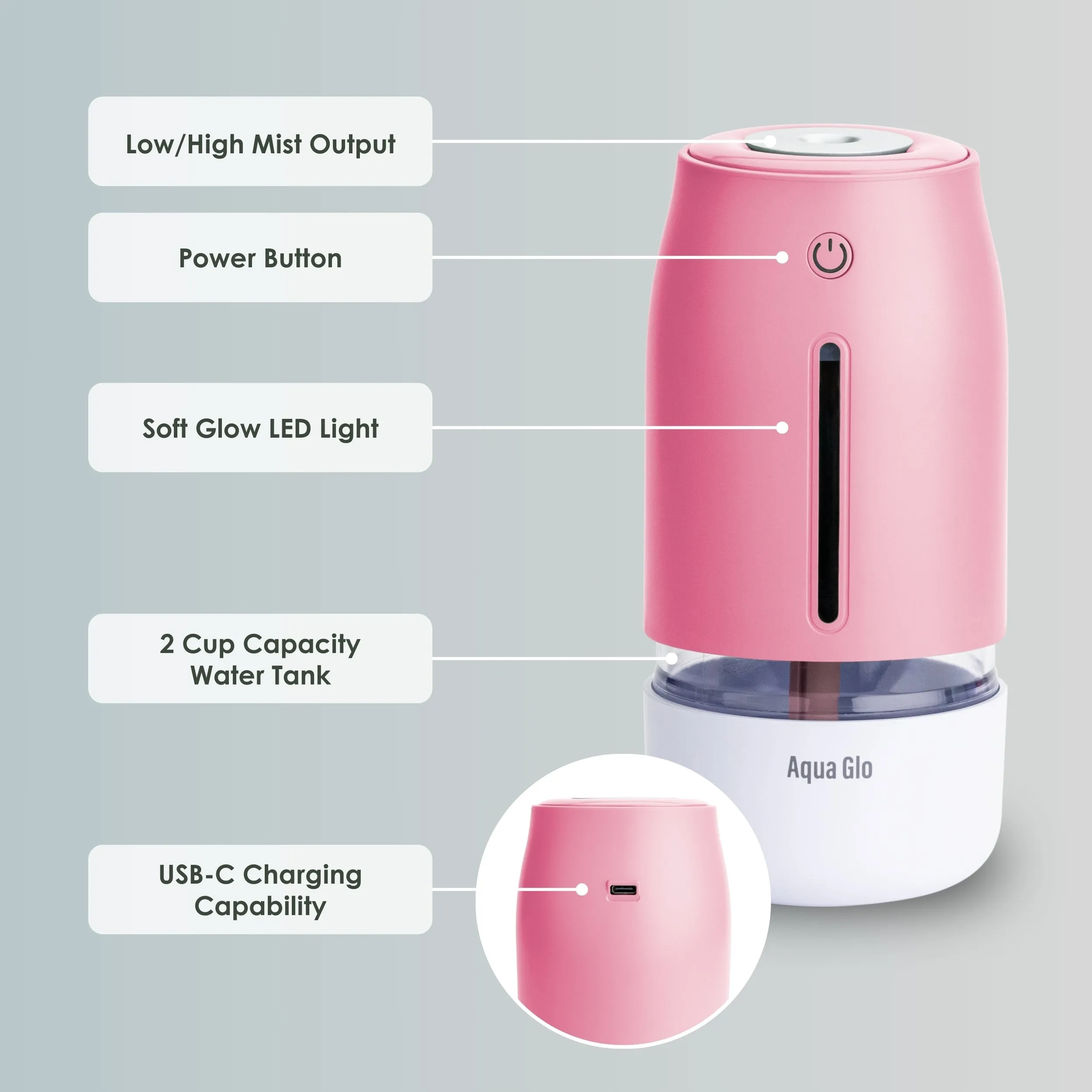 Airvana Aqua Glo Personal, Portable Humidifiers for Bedroom – Ultrasonic Cool Mist Humidifier with Built In Rechargeable Battery. Air Humidifier for Baby, Plants, Home, Office, Travel.