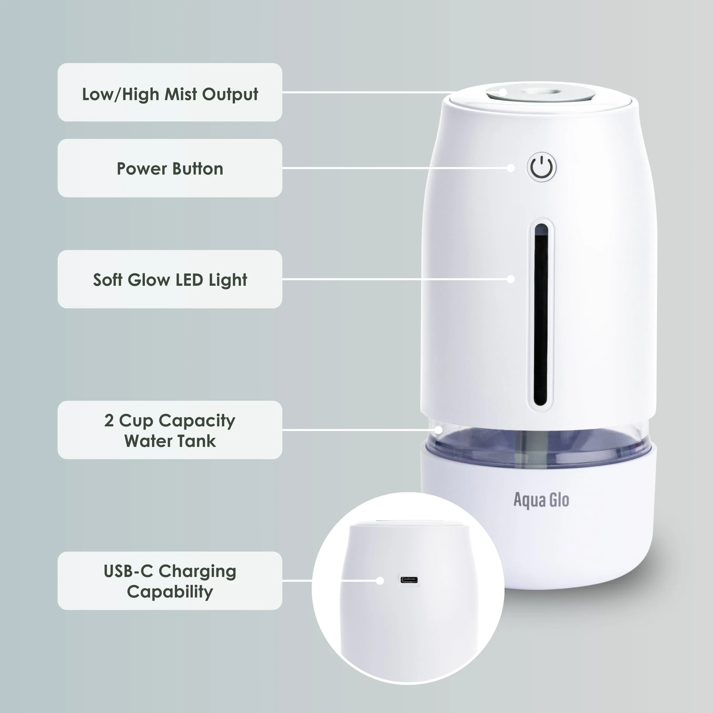 Airvana Aqua Glo Personal, Portable Humidifiers for Bedroom – Ultrasonic Cool Mist Humidifier with Built In Rechargeable Battery. Air Humidifier for Baby, Plants, Home, Office, Travel.