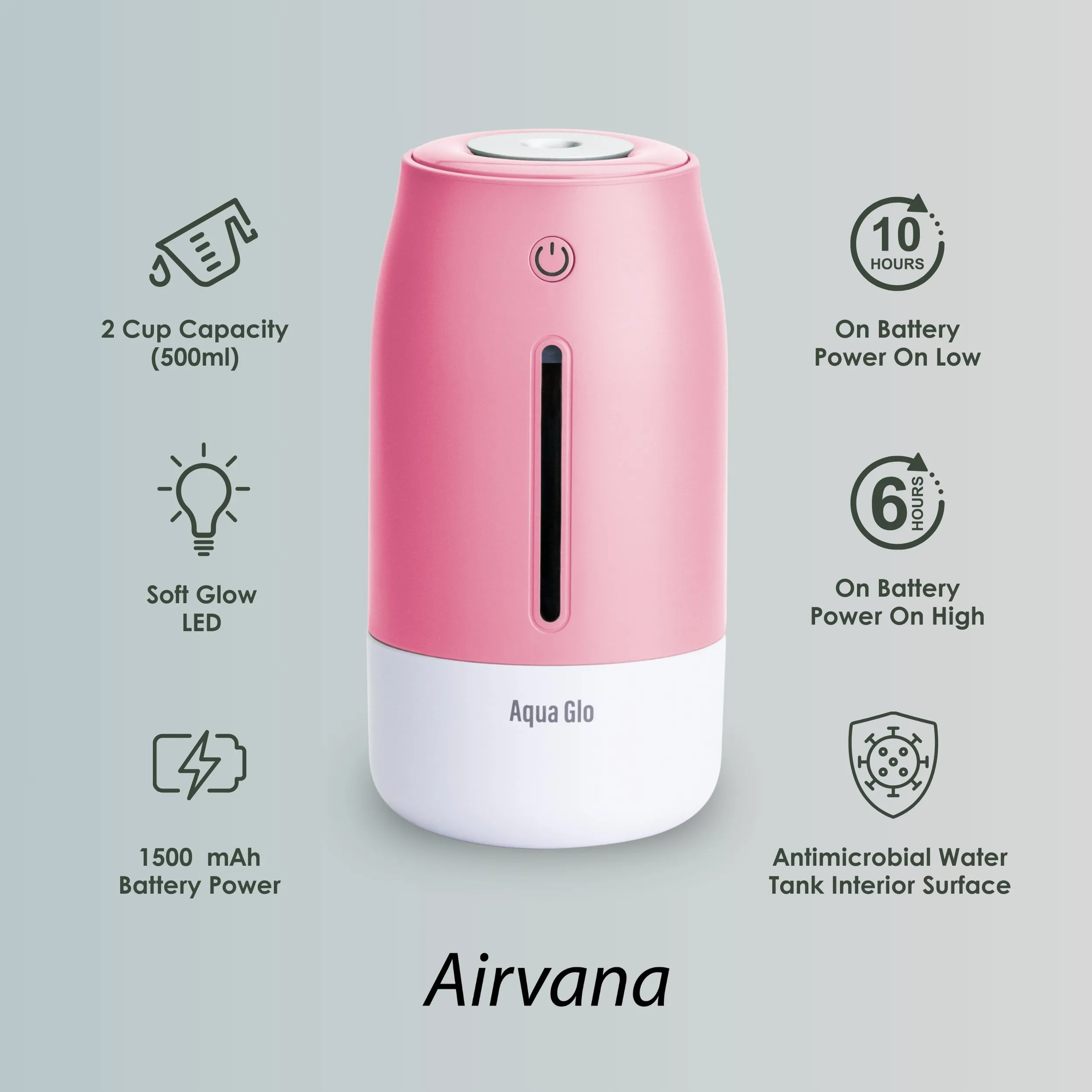 Airvana Aqua Glo Personal, Portable Humidifiers for Bedroom – Ultrasonic Cool Mist Humidifier with Built In Rechargeable Battery. Air Humidifier for Baby, Plants, Home, Office, Travel.