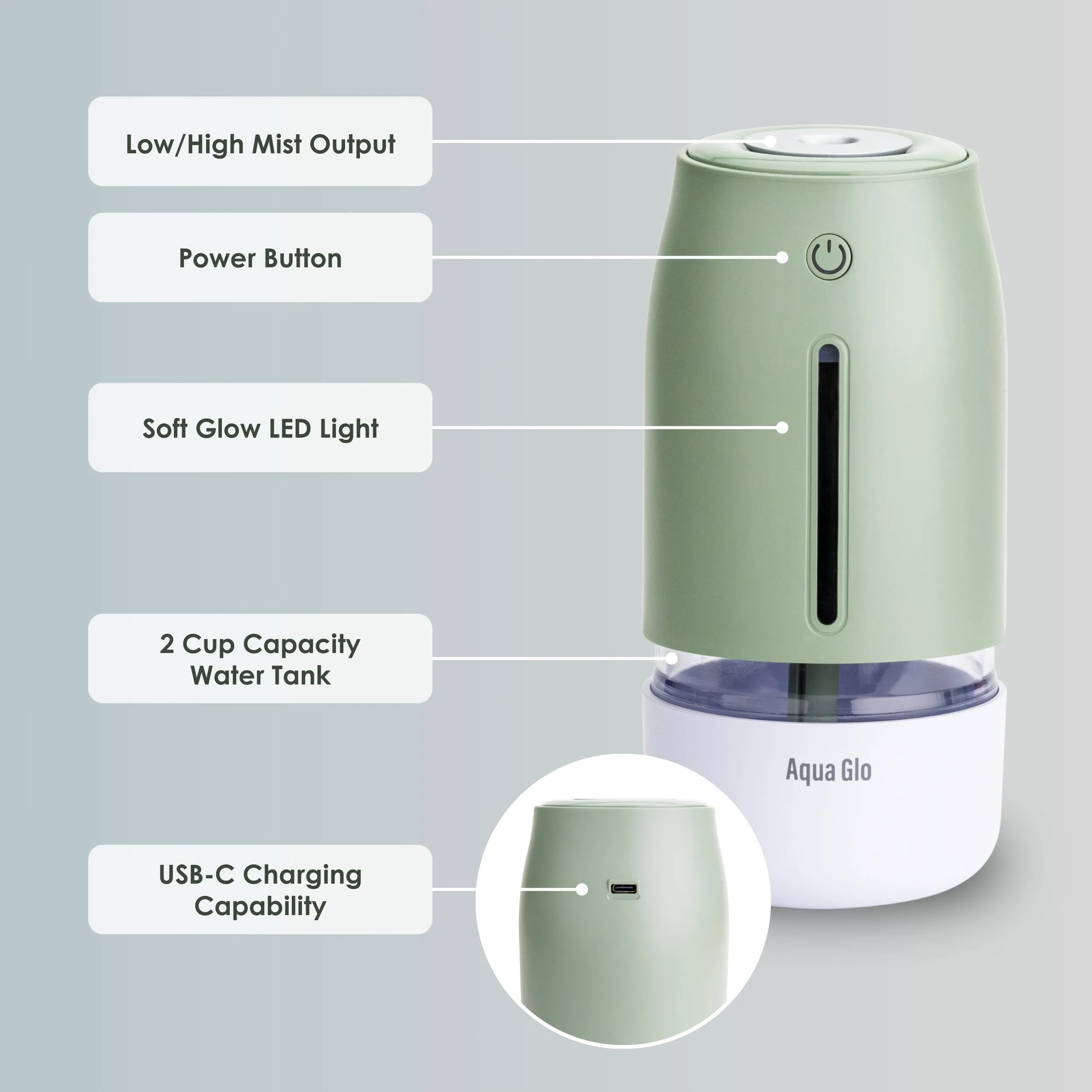 Airvana Aqua Glo Personal, Portable Humidifiers for Bedroom – Ultrasonic Cool Mist Humidifier with Built In Rechargeable Battery. Air Humidifier for Baby, Plants, Home, Office, Travel.