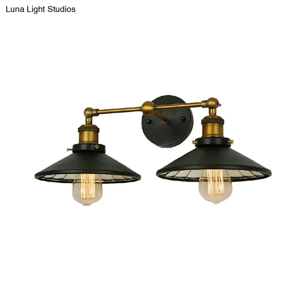 Antiqued Iron and Brass Sconce with Flared Dual Heads and Wall Mount