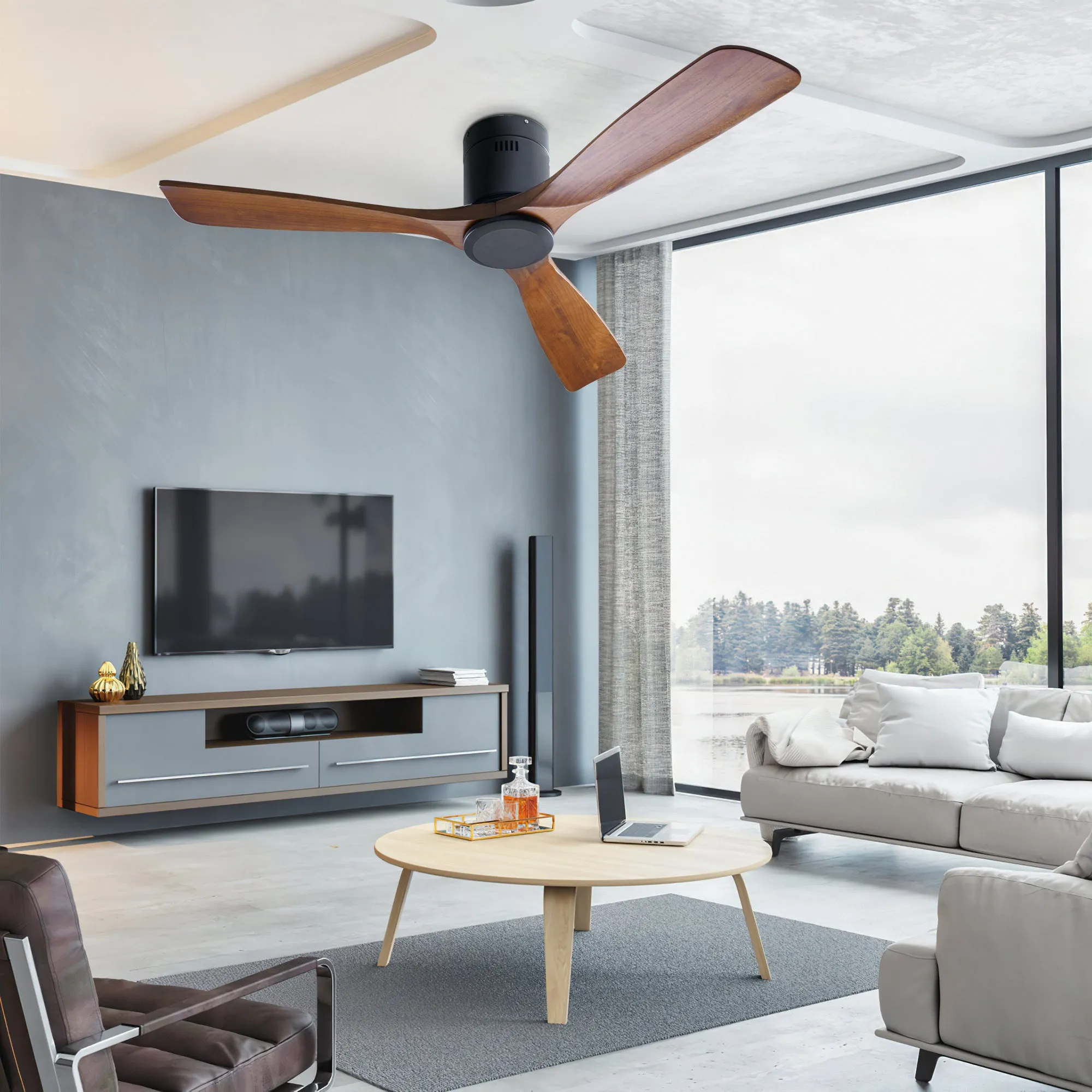 Ceiling Fan with Remote Control Reversible Wooden Blades for Bedroom Living Room