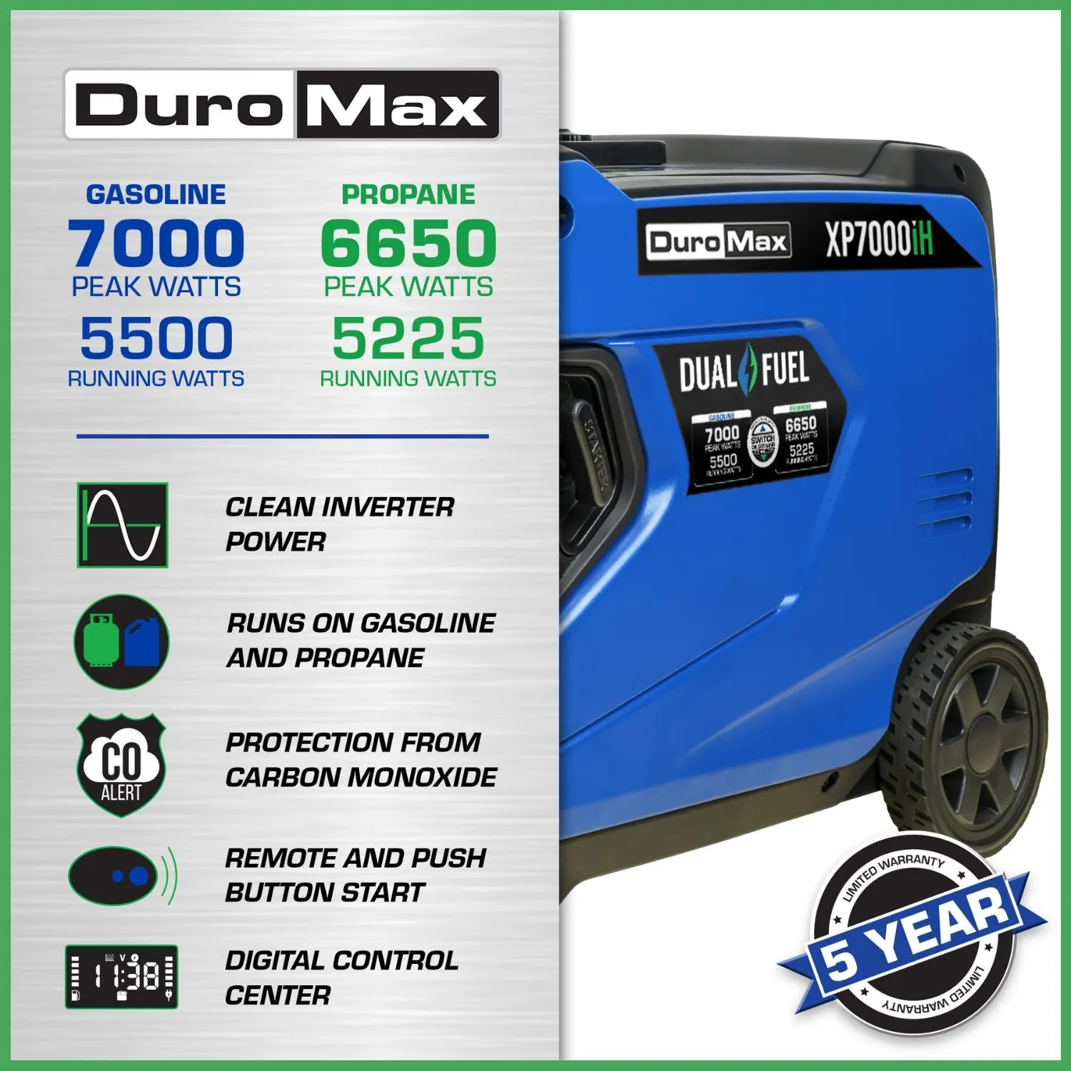 DuroMax XP7000iH Portable Dual Fuel Inverter Generator w/ CO Alert | 7000 Watts