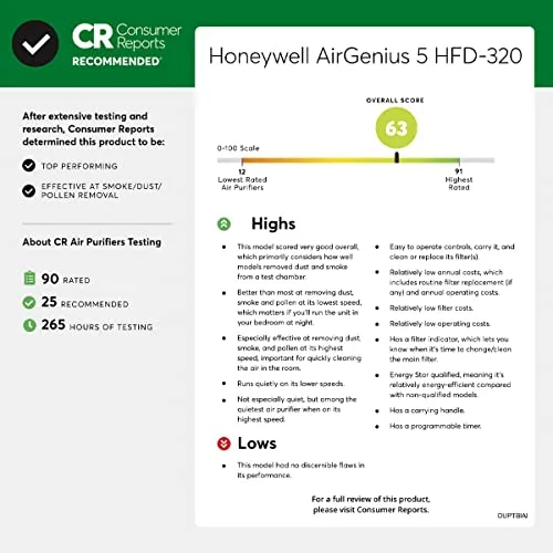 Honeywell HFD320 Air Genius 5 Air Purifier, Large Rooms (250 sq. ft.) Black