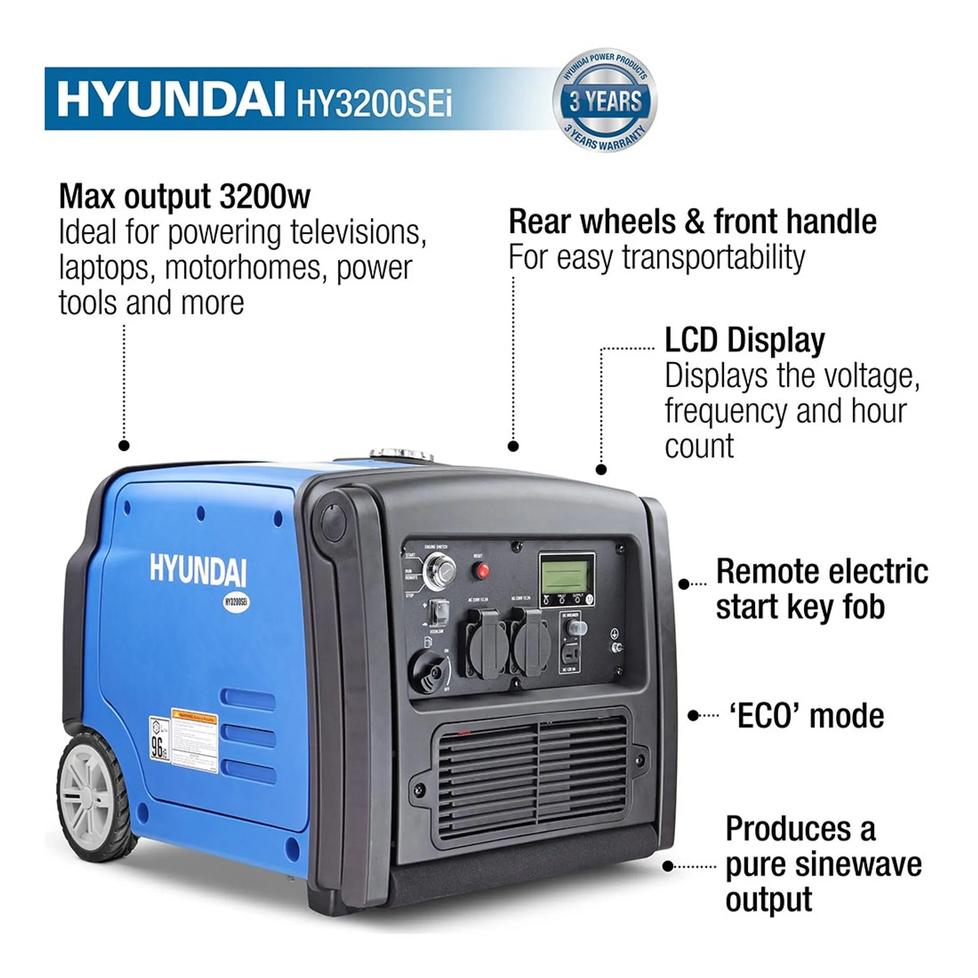 Hyundai HY3200SEi Petrol Inverter Generator, Remote Keyfob & Electric Start, Wheel Kit 3200W/240V