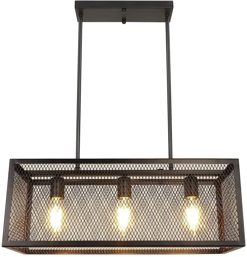 Industrial Kitchen Island Light Fixture, 3-Light Farmhouse Chandelier, Adjustable Metal Mesh Pendant Light for Dining Room, Living Room, Bar, Restaurant