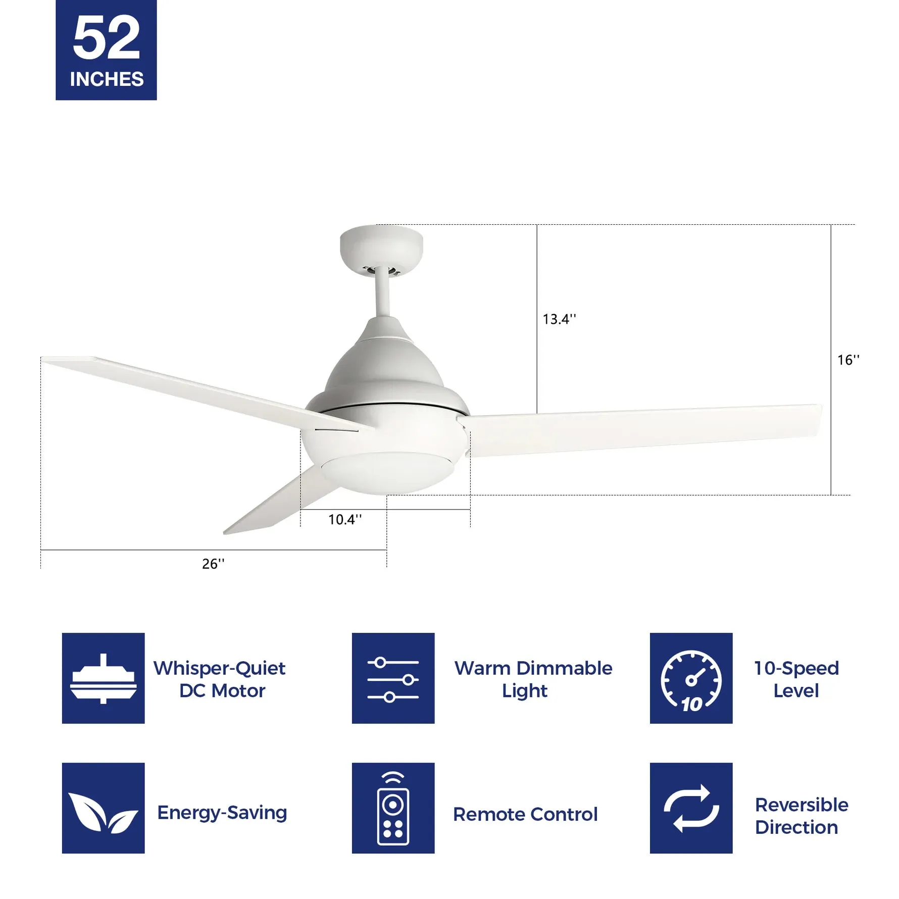 KENDRICK 52 inch 3-Blade Ceiling Fan with LED Light Kit & Remote Control - White/White