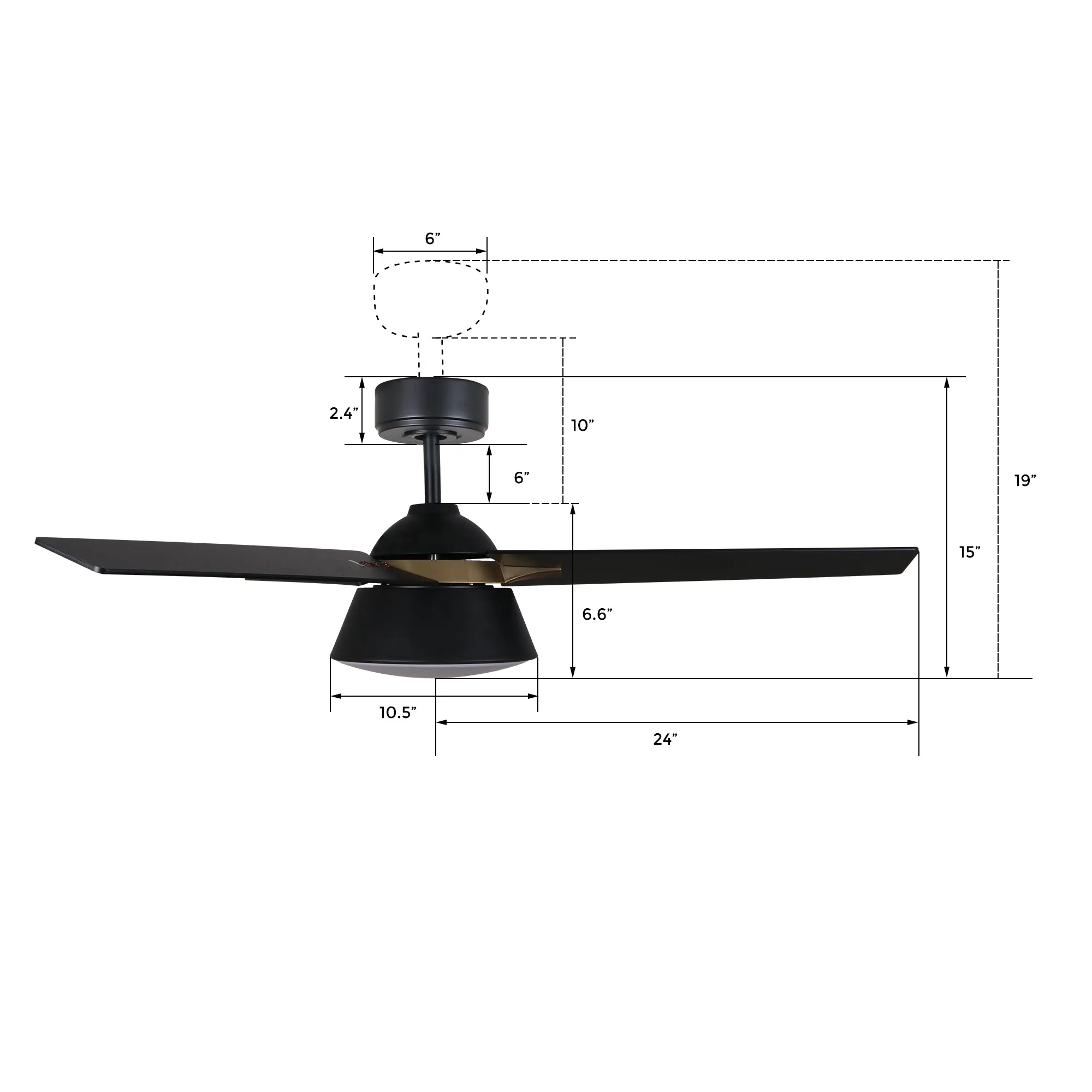 KENORA 48 inch 3-Blade Ceiling Fan with LED Light Kit & Remote Control - Black/Black (Gold Detail)