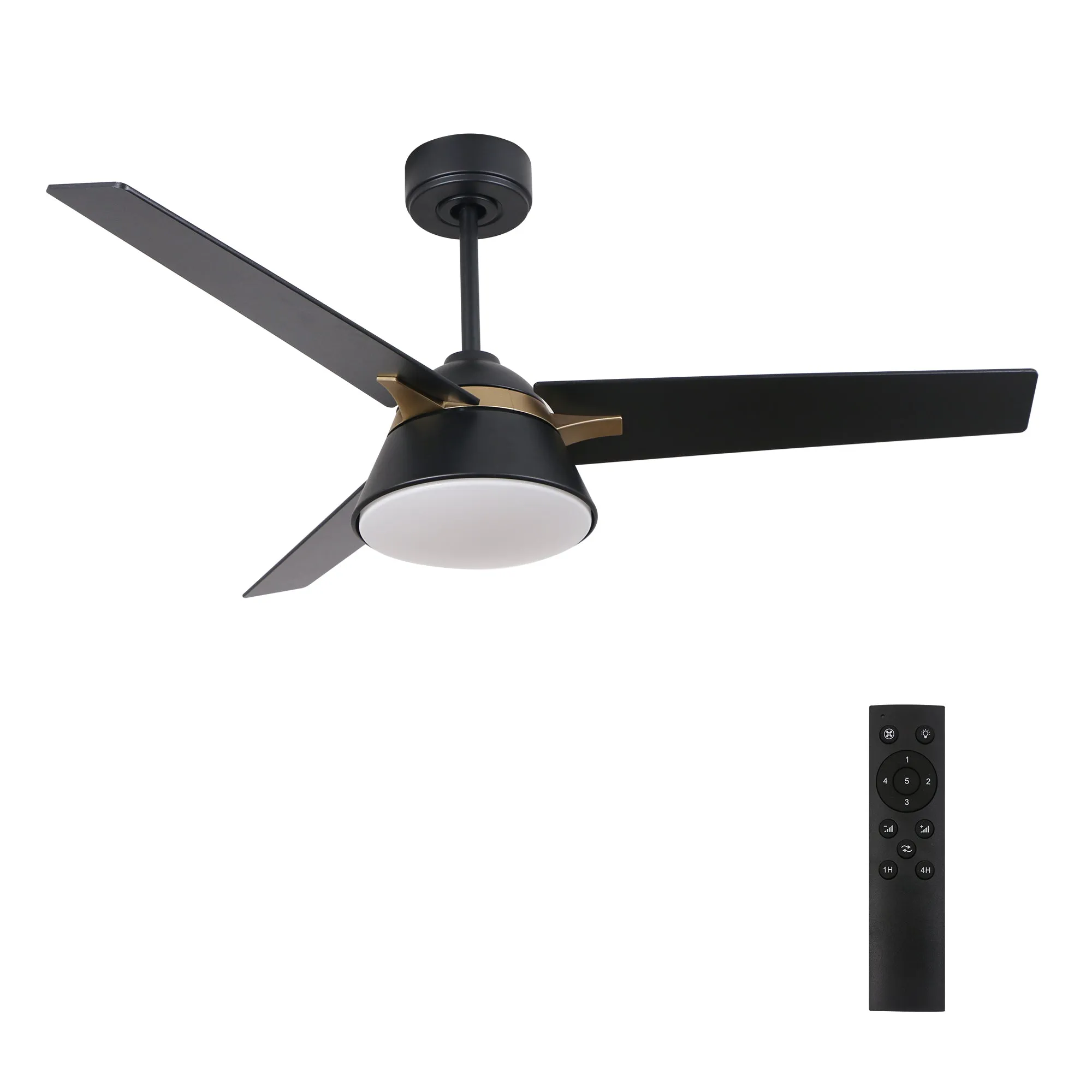 KENORA 48 inch 3-Blade Ceiling Fan with LED Light Kit & Remote Control - Black/Black (Gold Detail)