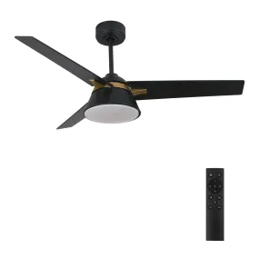 KENORA 48 inch 3-Blade Ceiling Fan with LED Light Kit & Remote Control - Black/Black (Gold Detail)
