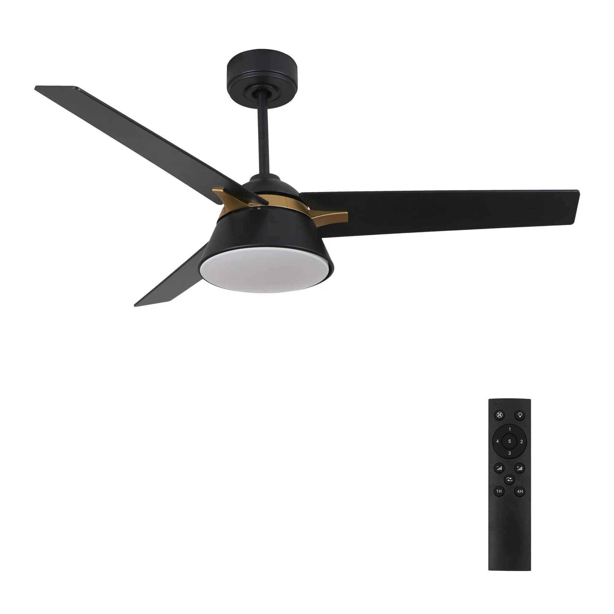 KENORA 48 inch 3-Blade Ceiling Fan with LED Light Kit & Remote Control - Black/Black (Gold Detail)