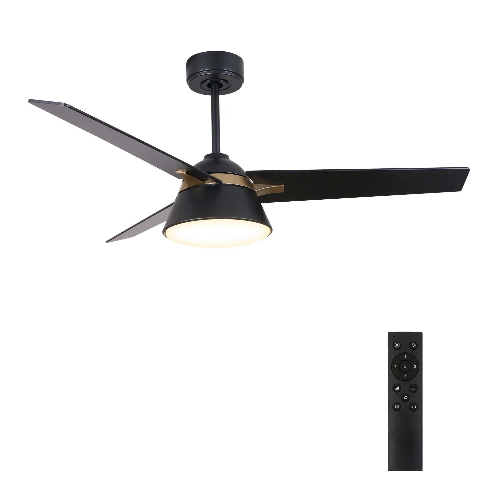 KENORA 48 inch 3-Blade Ceiling Fan with LED Light Kit & Remote Control - Black/Black (Gold Detail)