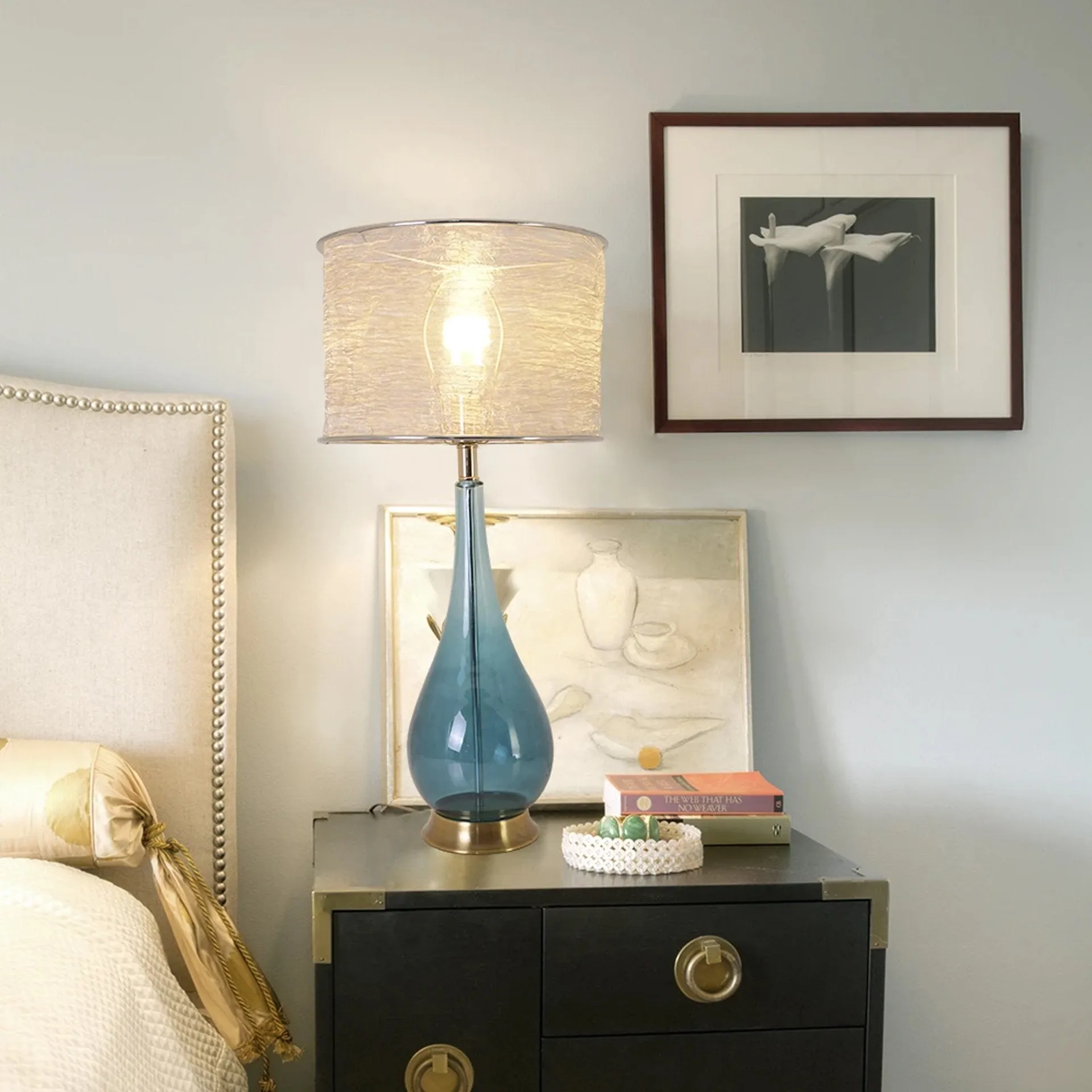 Lola Big Translucent Blue Ombre Glass Table Lamp 30" - Blue Ombre/Silver Yarn Shade (Set of 2)