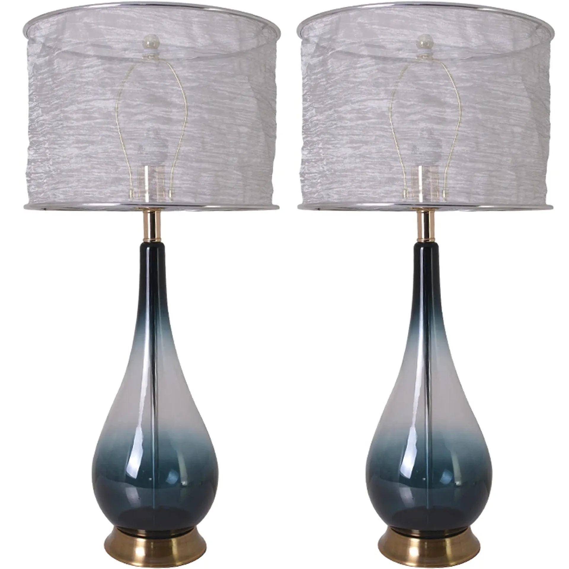 Lola Big Translucent Dark Green Ombre Glass Table Lamp 30" - Dark Green Ombre/Silver Yarn Shade (Set of 2)