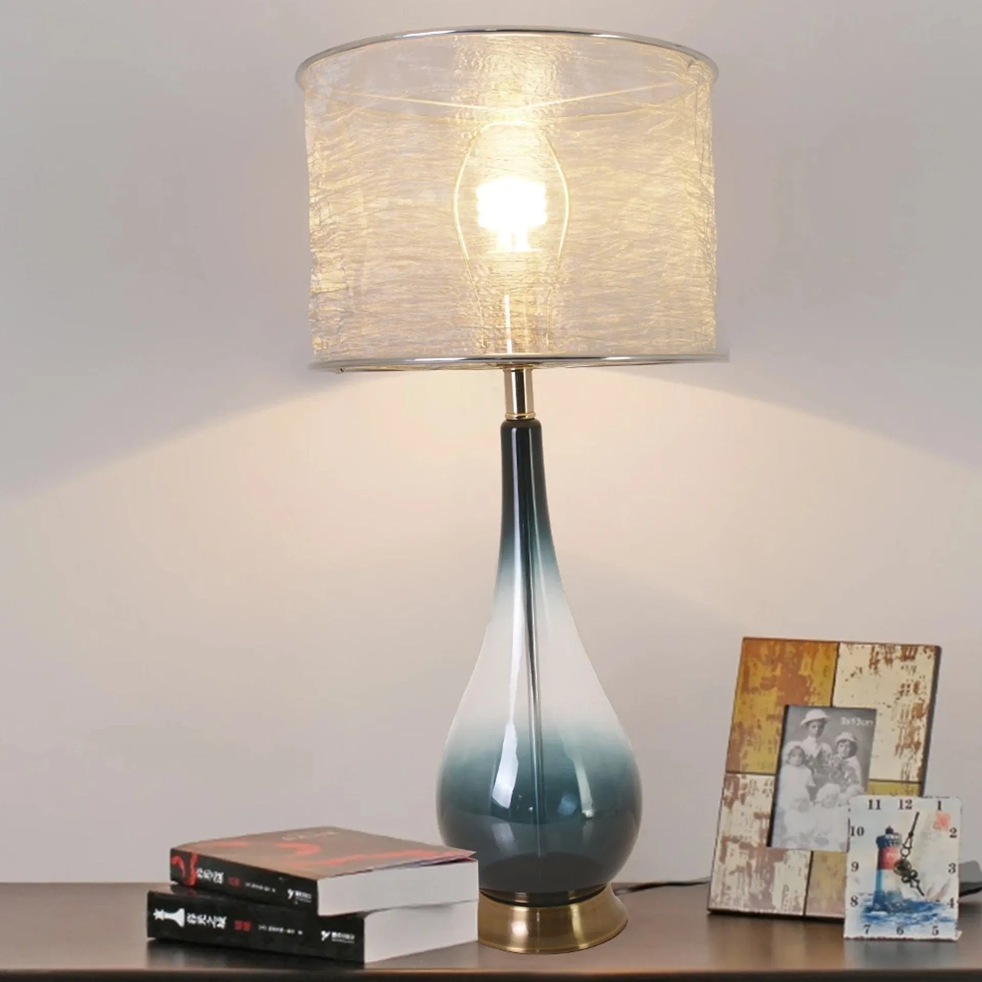 Lola Big Translucent Dark Green Ombre Glass Table Lamp 30" - Dark Green Ombre/Silver Yarn Shade (Set of 2)