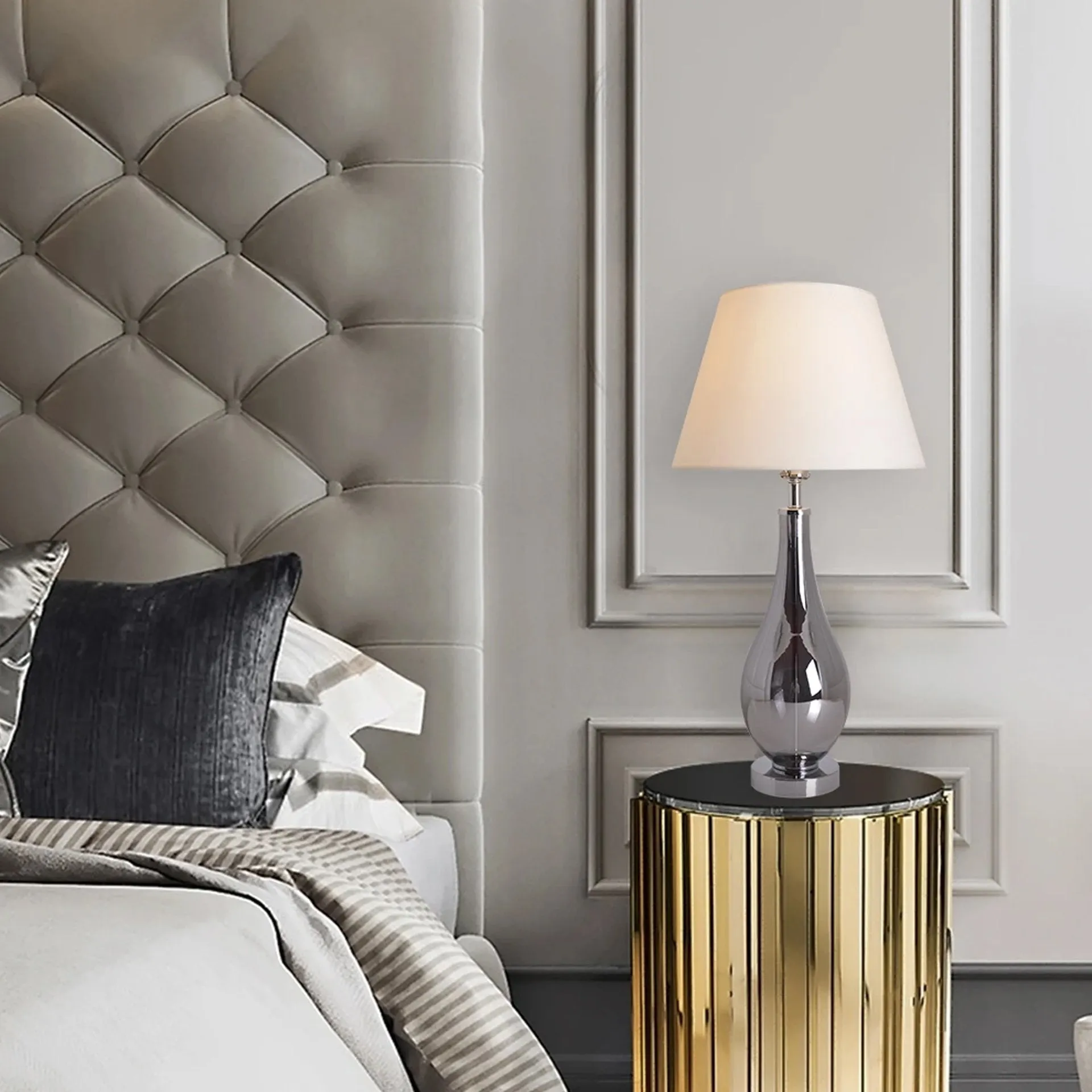 Lola Chrome Droplet Glass Table Lamp 28" - Chrome Gray/Creme (Set of 2)