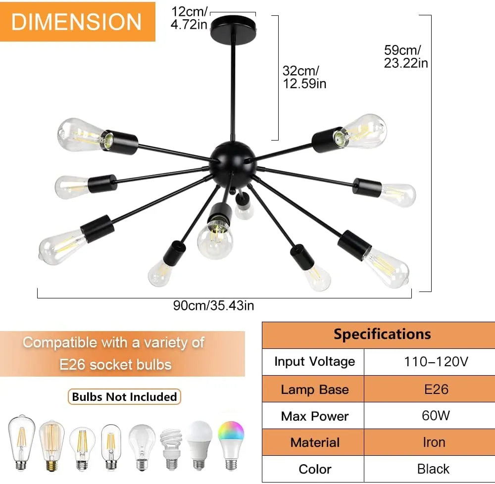 Modern Starburst Ceiling Light Fixture - Choose 8 or 10 Bulb Options