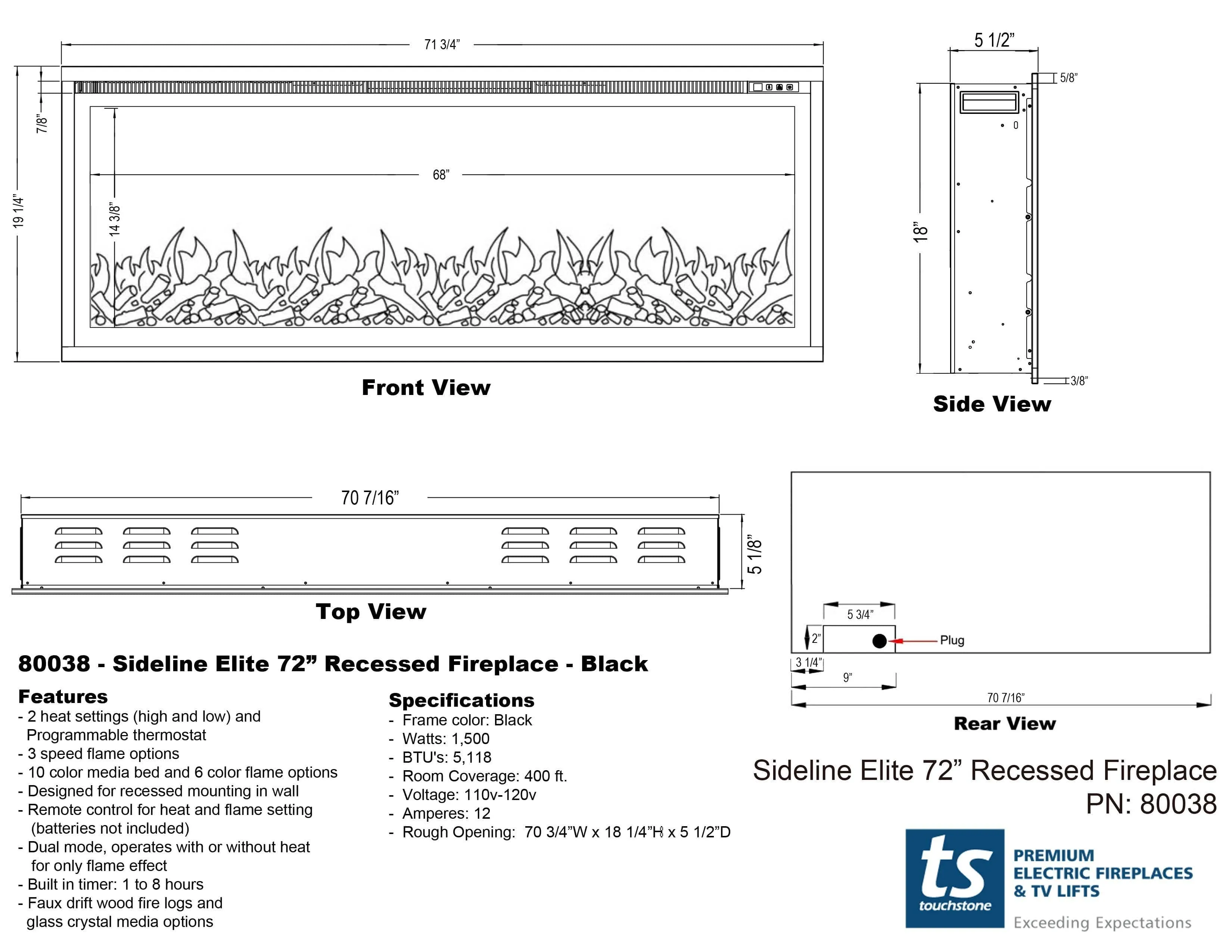 Sideline Elite 72 Inch Refurbished Recessed Electric Fireplace