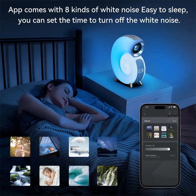 Smart Atmosphere Light Bluetooth Speaker Alarm Clock Wake-up Lamp White Noise Machine For Sleeping Baby with APP Control