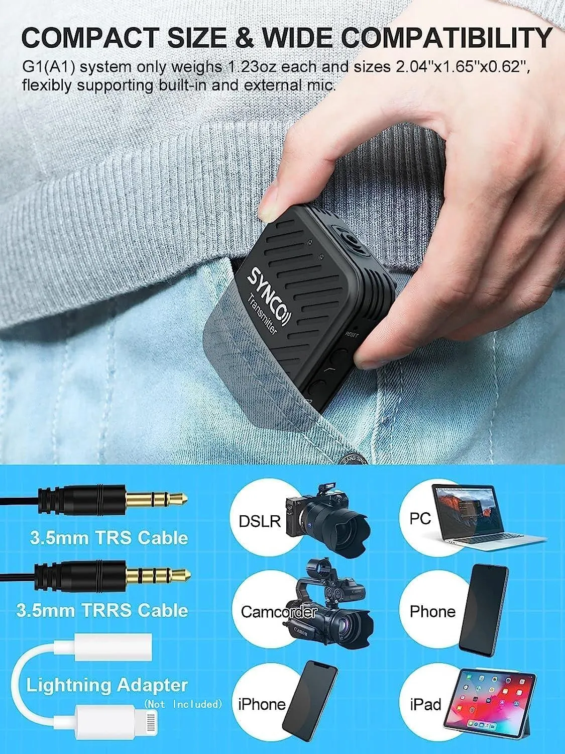 SYNCO (WAir-G1-A1) Ultracompact Digital Wireless Microphone System for Mirrorless/DSLR Cameras (2.4 GHz)