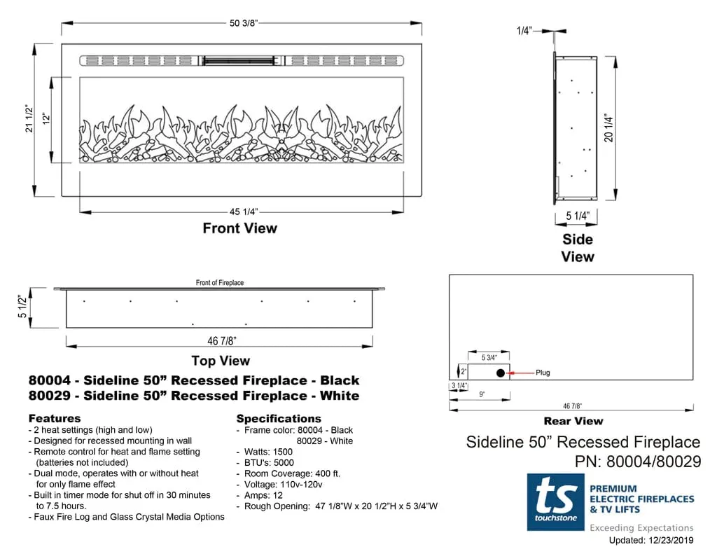 The Sideline 50 Inch Recessed Smart Electric Fireplace 80004