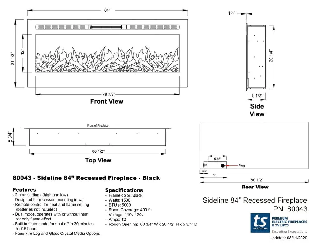 The Sideline 84 Inch Recessed Smart Electric Fireplace 80043