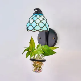 Tiffany Multicolor Stained Glass Dome Sconce Light Fixture - 1 Head Red/Orange-Yellow/Blue Wall Mount with Plant Decoration