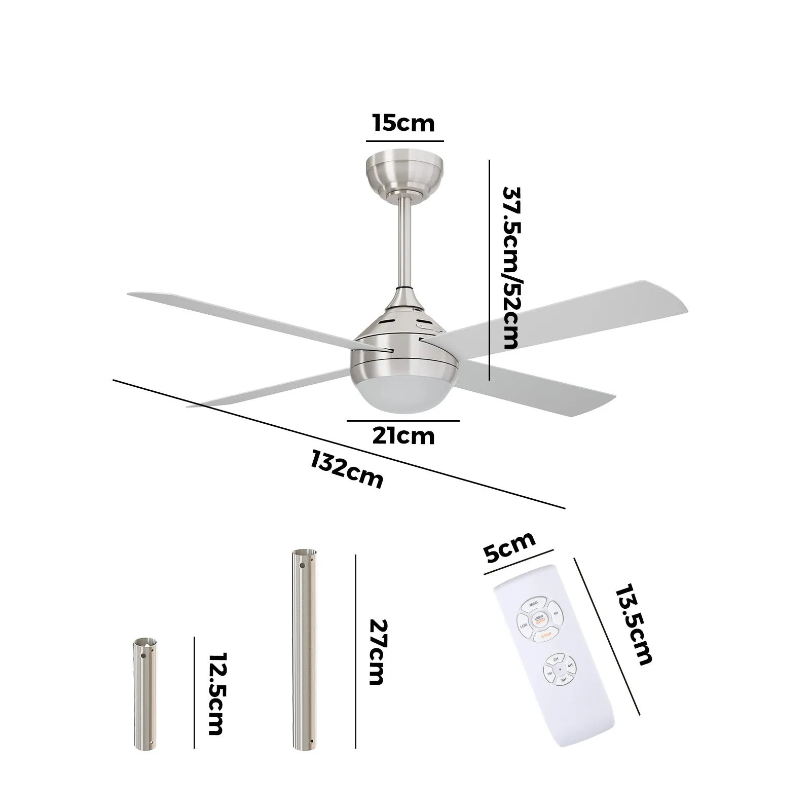 Vevare 52'' Ceiling Fan AC Motor With Light Remote Control Fans 4 Blades Silver