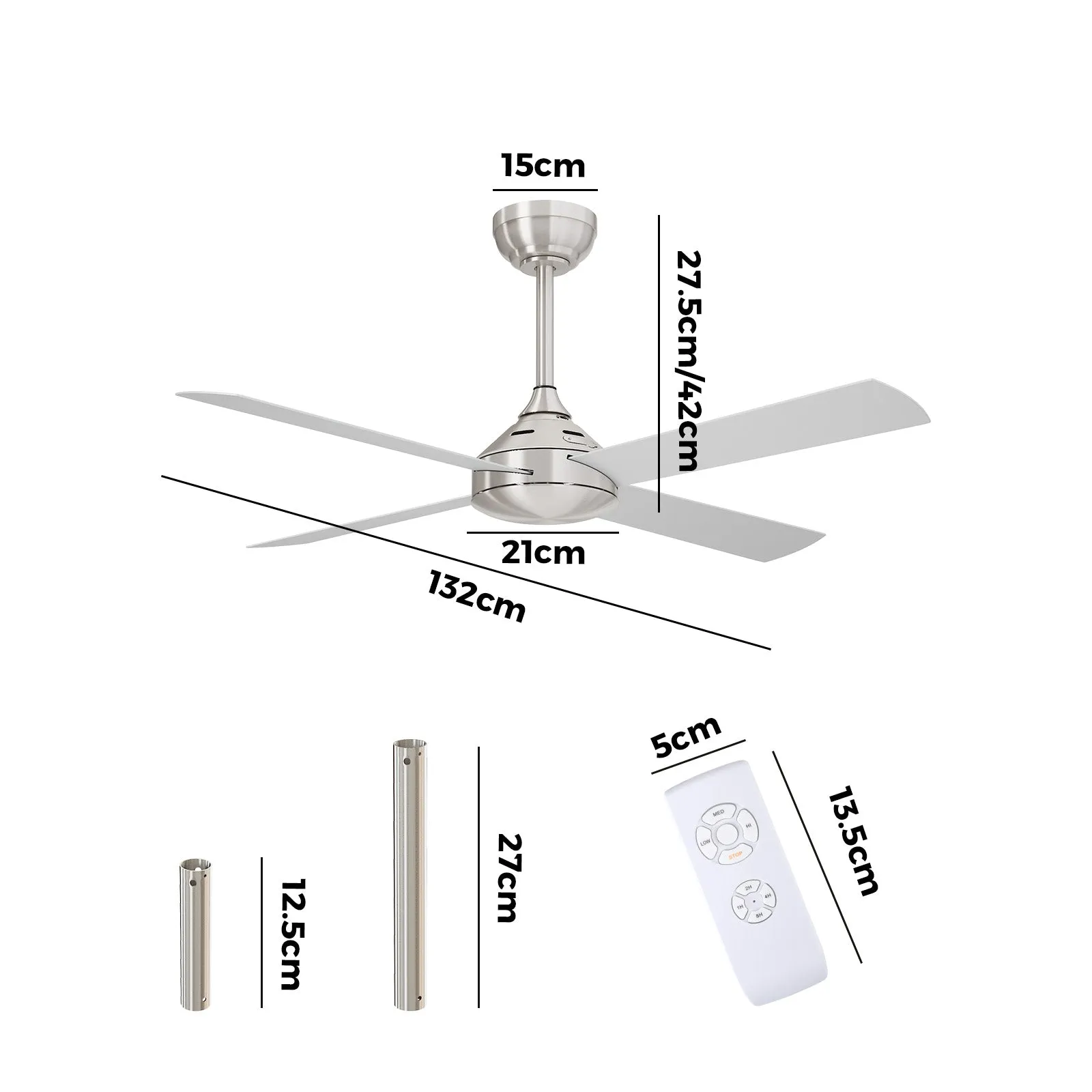 Vevare 52'' Ceiling Fan AC Motor with Remote Control Timer 4 Blades Fans Silver