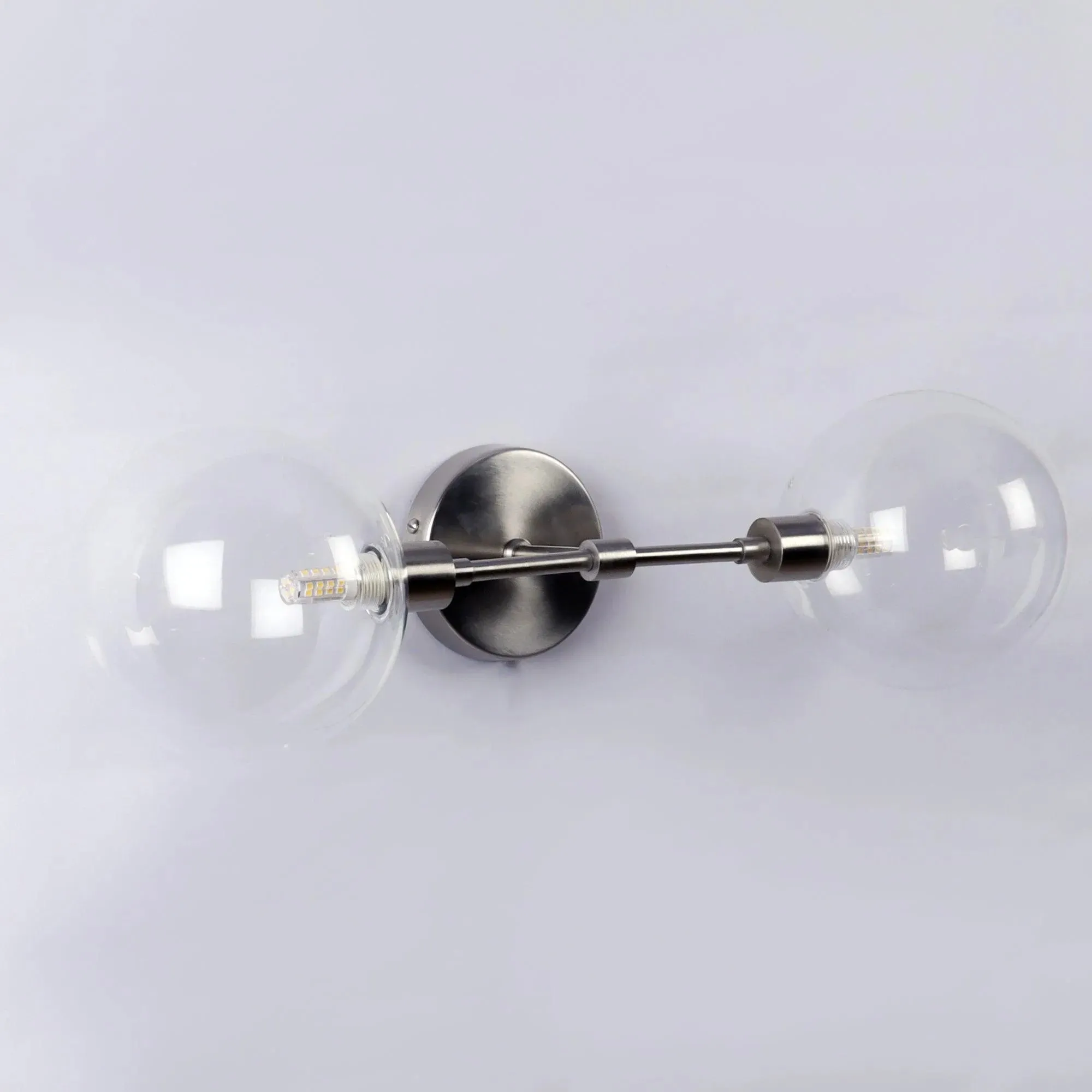 Wooden Twist Orb Metal Dual Glass Ball Scone Wall Lamp Silver Pewter Finish