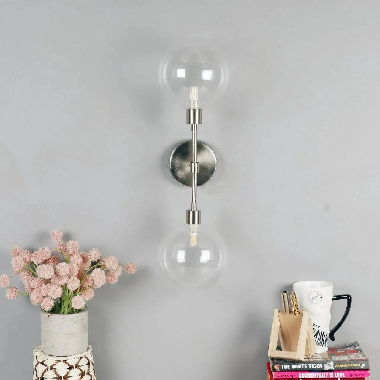 Wooden Twist Orb Metal Dual Glass Ball Scone Wall Lamp Silver Pewter Finish