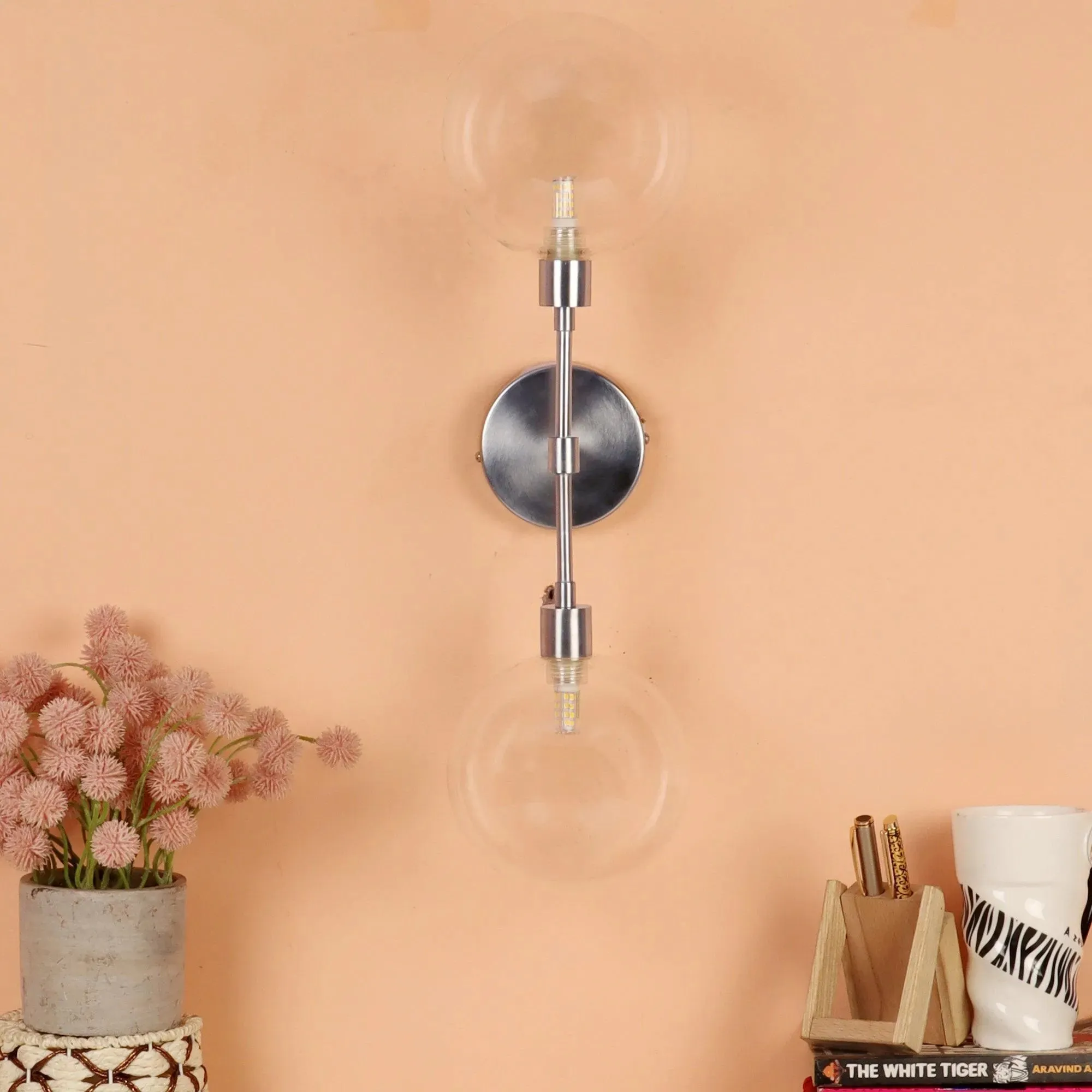 Wooden Twist Orb Metal Dual Glass Ball Scone Wall Lamp Silver Pewter Finish