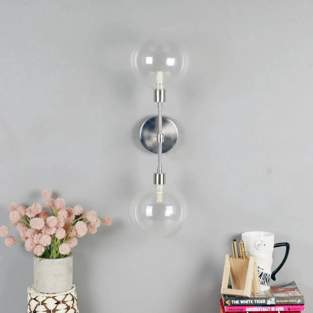 Wooden Twist Orb Metal Dual Glass Ball Scone Wall Lamp Silver Pewter Finish