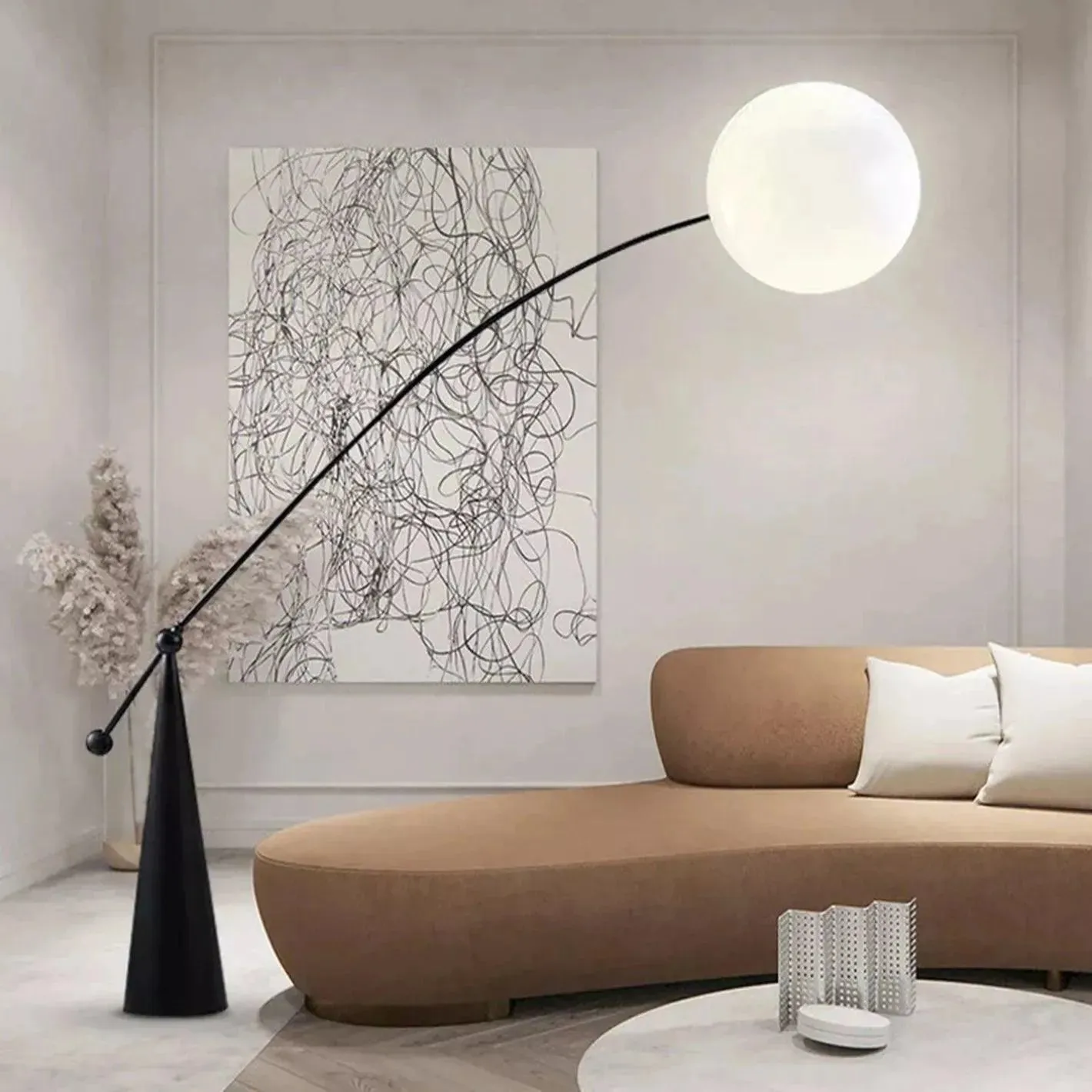 Wooden Twist Rope Rise Moon Shape Metal Floor Lamp Modern Rustic Home Decor Lighting