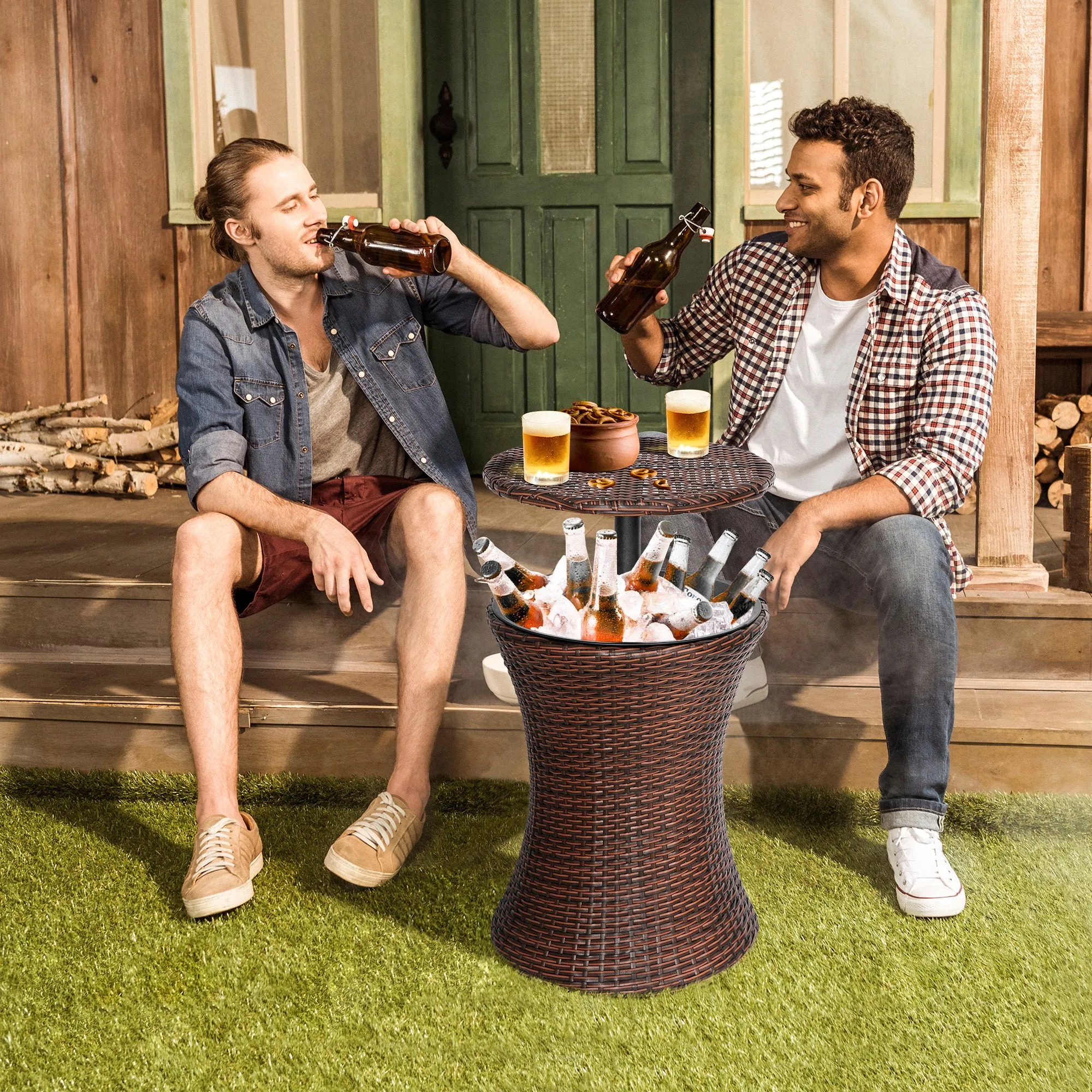 ZENY™ Cool Bar Rattan Style Outdoor Patio Pool Cooler Table Adjustable Height with Ice Bucket