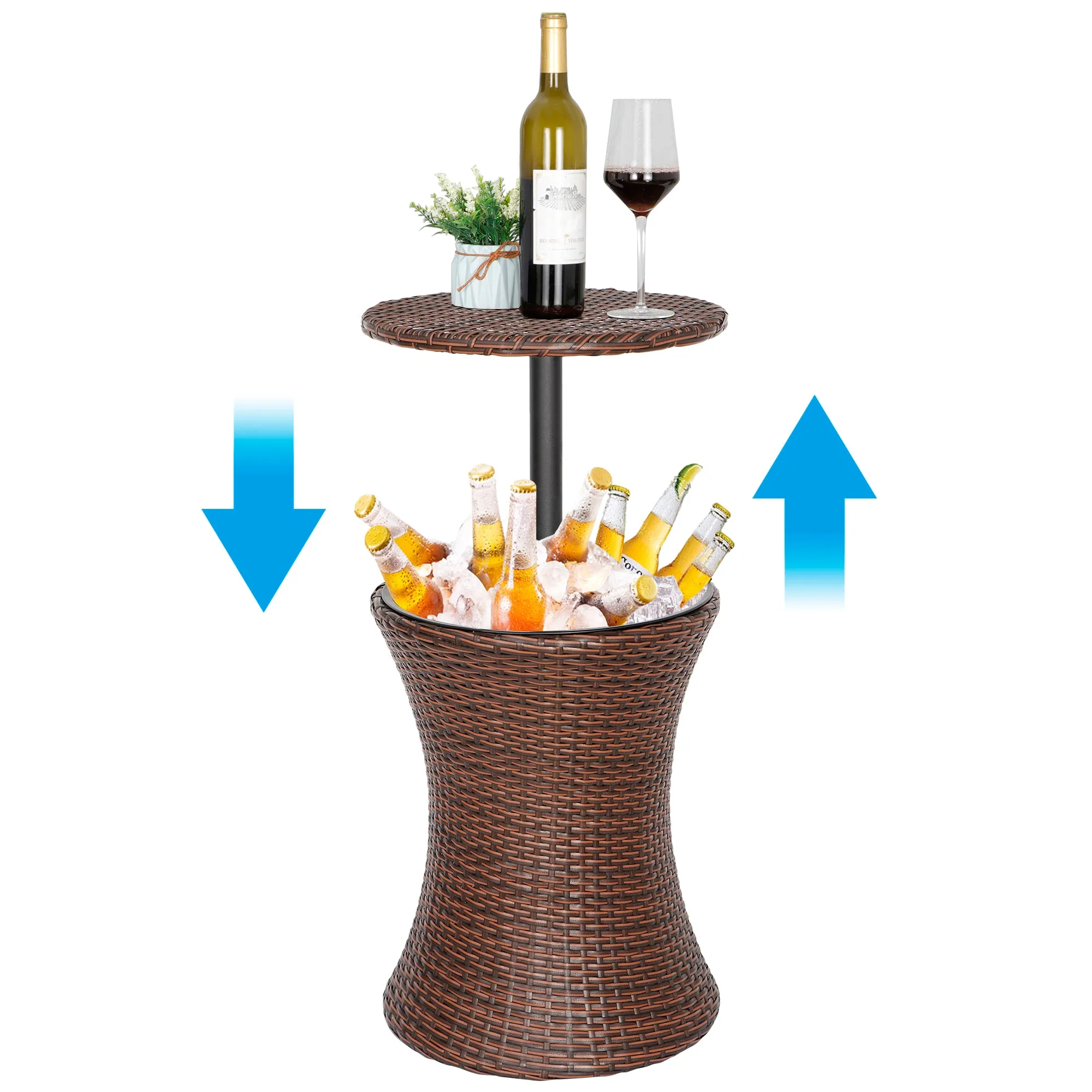 ZENY™ Cool Bar Rattan Style Outdoor Patio Pool Cooler Table Adjustable Height with Ice Bucket